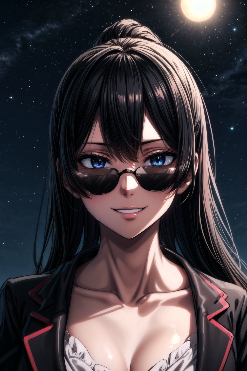 Sharp Focus, Wearing Black Suit, Long Orange Hair, Cheeky smile, High Way In the Back Ground, night TIme, Stars In the Sky, Wearing Blach Shades, Close View,hancock1