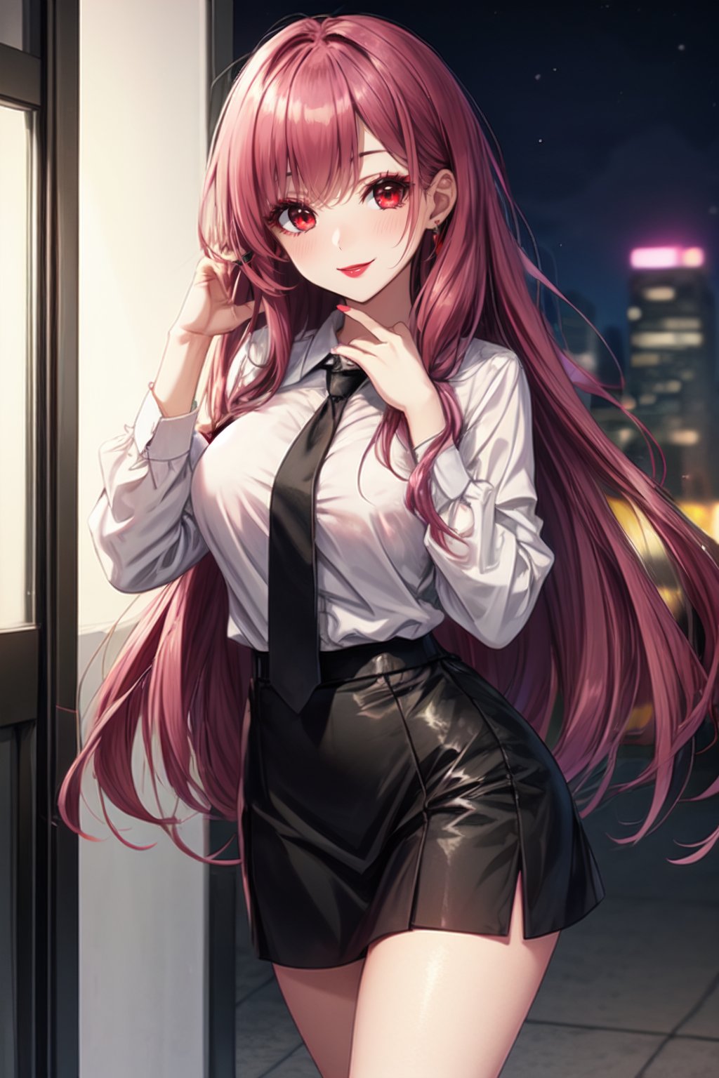 milf, solo, Wearing white Shirt With Tie And Black Short Skirt, Looking At Viewer, Blush, Wearing Pink Sneaker, long length Hair, maroon color hair, Flirty Smile, Detailed beautiful face, Night City in The background, Posing, Standing, Detailed hand,Detailedface