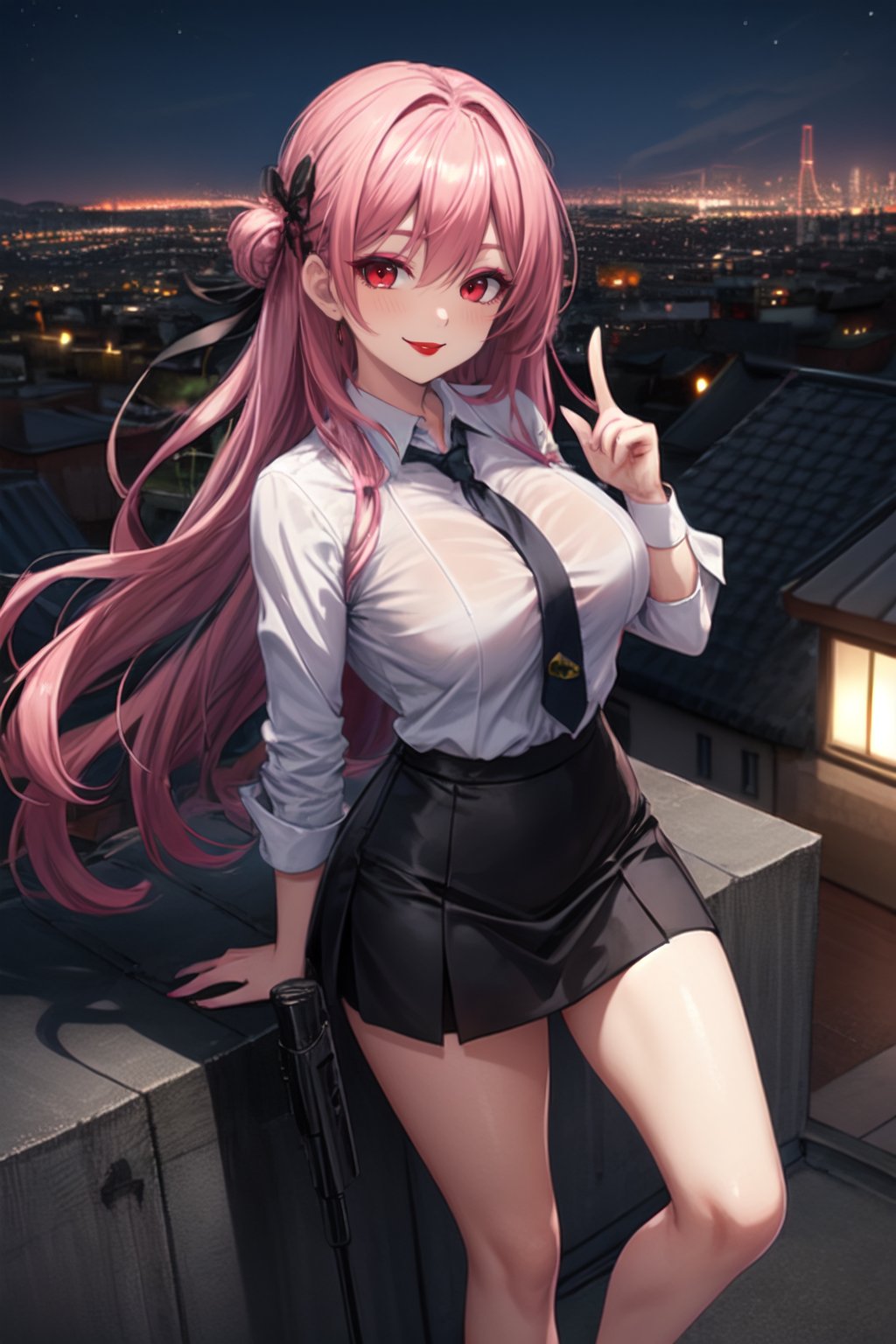 milf, solo, Wearing white Shirt With Tie And Black Short Skirt, Looking At Viewer, Blush, Wearing Pink Sneaker, long length Hair, maroon color hair, Pointing Pistol At viewer, Flirty Smile, Detailed beautiful face, standing On a Building Roof, Night City in The background