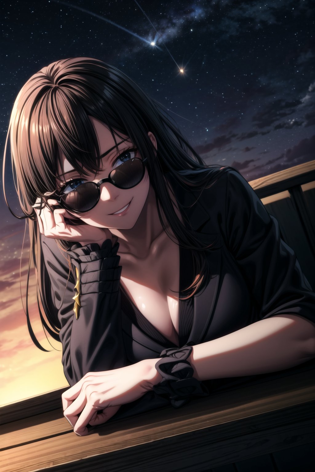 Sharp Focus, Wearing Black Suit, Long Orange Hair, Cheeky smile, High Way In the Back Ground, night TIme, Stars In the Sky, Wearing Blach Shades, Close View,hancock1