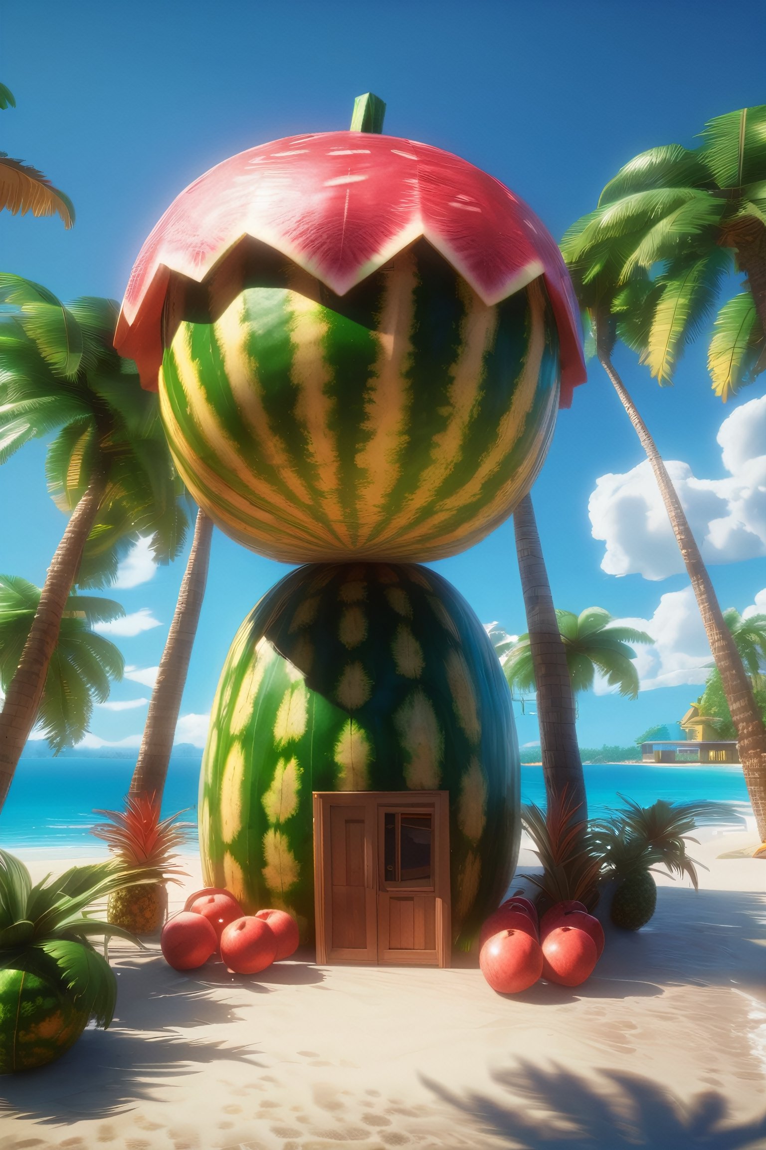 4k resolution, intricately detailed, trending on artstation, ((best quality)), ((highly detailed)), masterpiece, scenery, no humans, giant Watermelon,
outside, Delfino_Plaza, small fruit stand, pineapples, coconuts, palm tree, small house, clear blue sky, realistically detailed, HDR, 