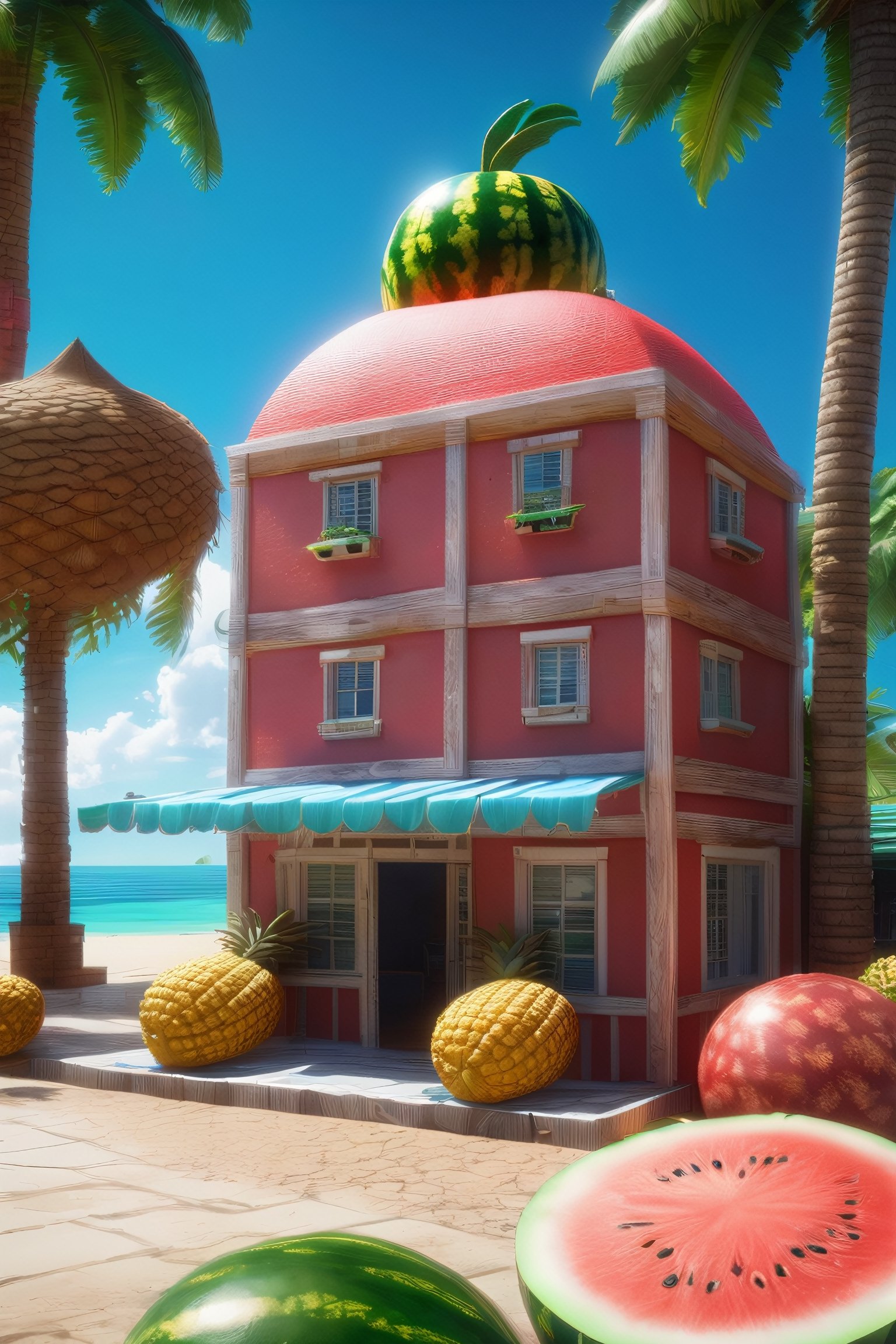 4k resolution, intricately detailed, trending on artstation, ((best quality)), ((highly detailed)), masterpiece, scenery, no humans, giant Watermelon,
outside, Delfino_Plaza, small fruit stand, pineapples, coconuts, palm tree, small house, clear blue sky, realistically detailed, HDR, 