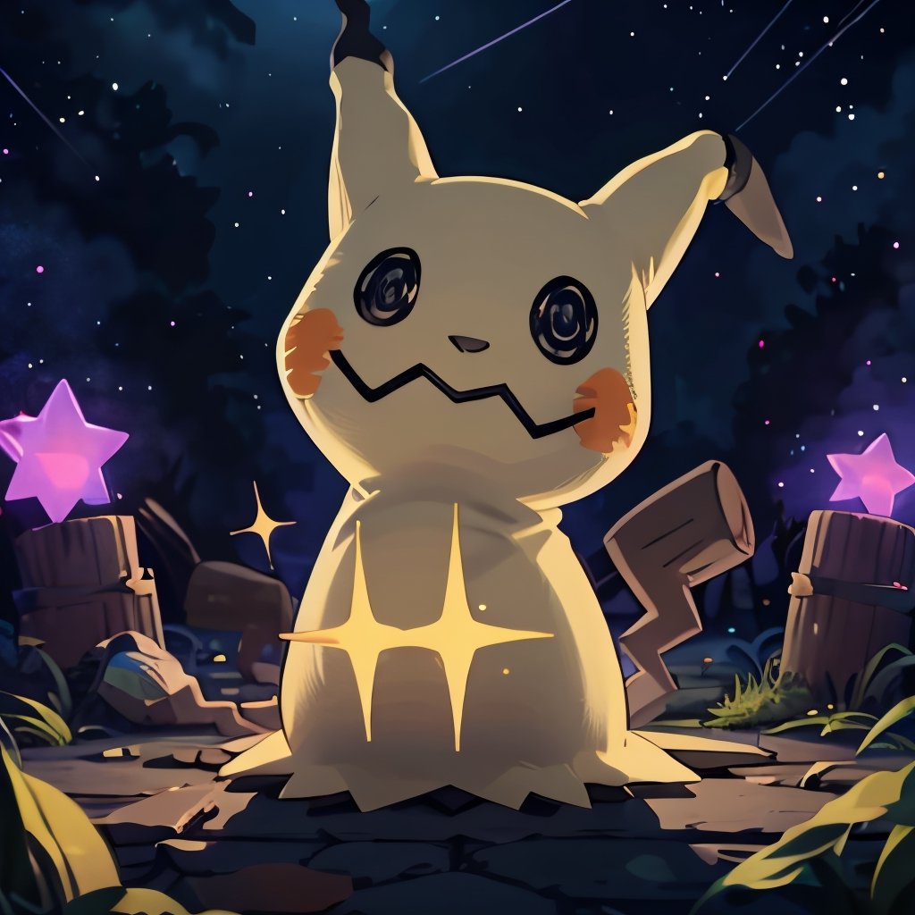 ((masterpiece,best quality)), absurdres,, Mimikyu_Pokemon,  no humans,  purple star, sparkle, starry_background, solo, looking at viewer, cinematic composition, 