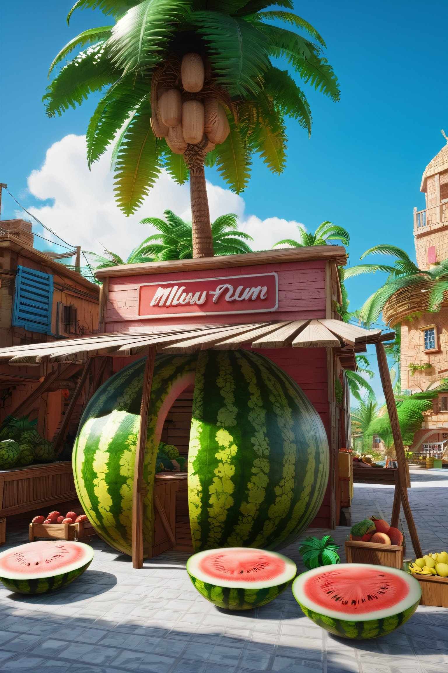 4k resolution, intricately detailed, trending on artstation, ((best quality)), ((highly detailed)), masterpiece, scenery, no humans, giant Watermelon,
outside, Delfino_Plaza, small fruit stand, pineapples, coconuts, palm tree, small house, clear blue sky, realistically detailed, HDR, 