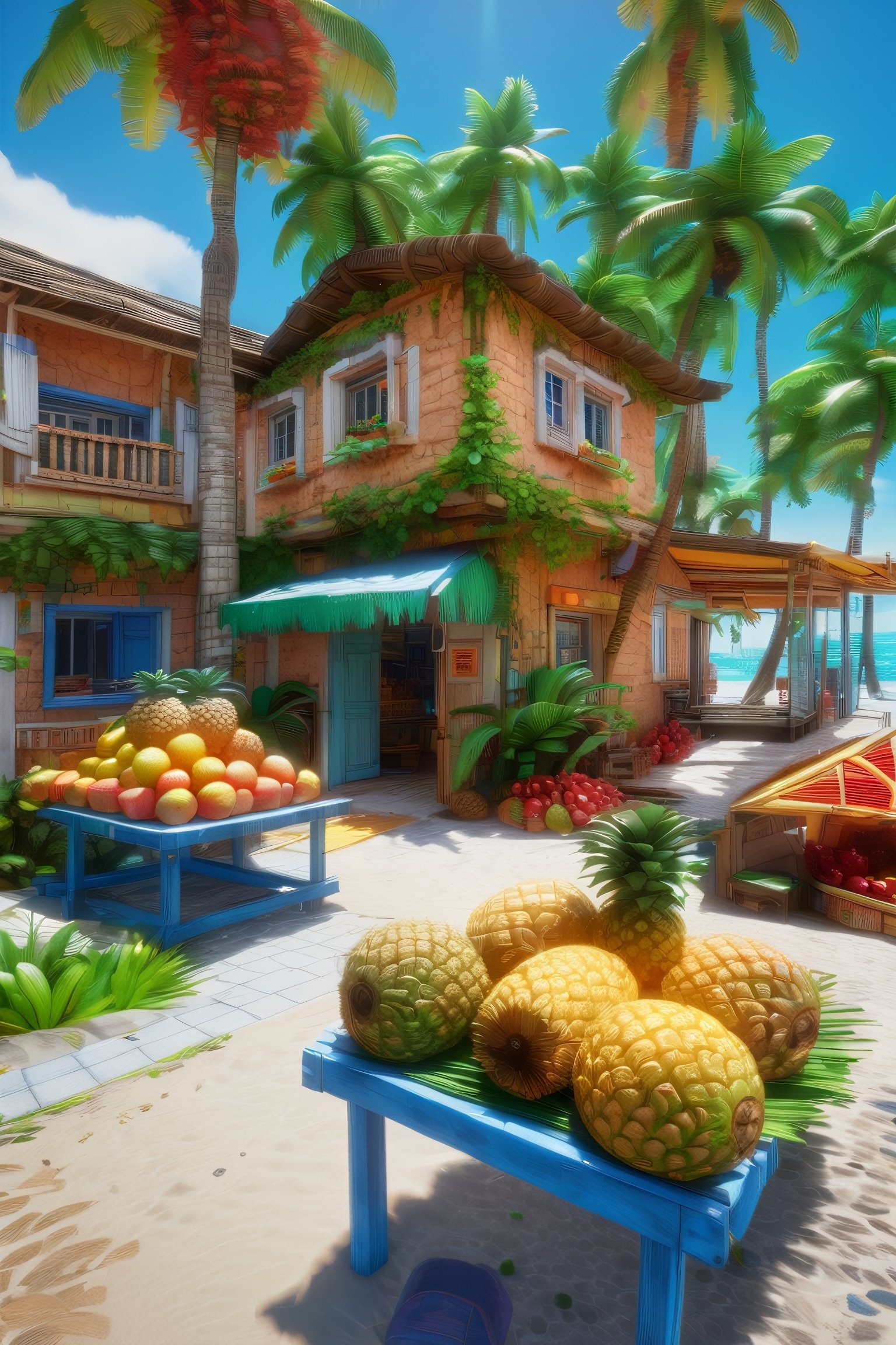 4k resolution, intricately detailed, trending on artstation, ((best quality)), ((highly detailed)), masterpiece, scenery, no humans,
outside, Delfino_Plaza, small fruit stand, pineapples, coconuts, palm tree, small house, clear blue sky, realistically detailed, HDR, 