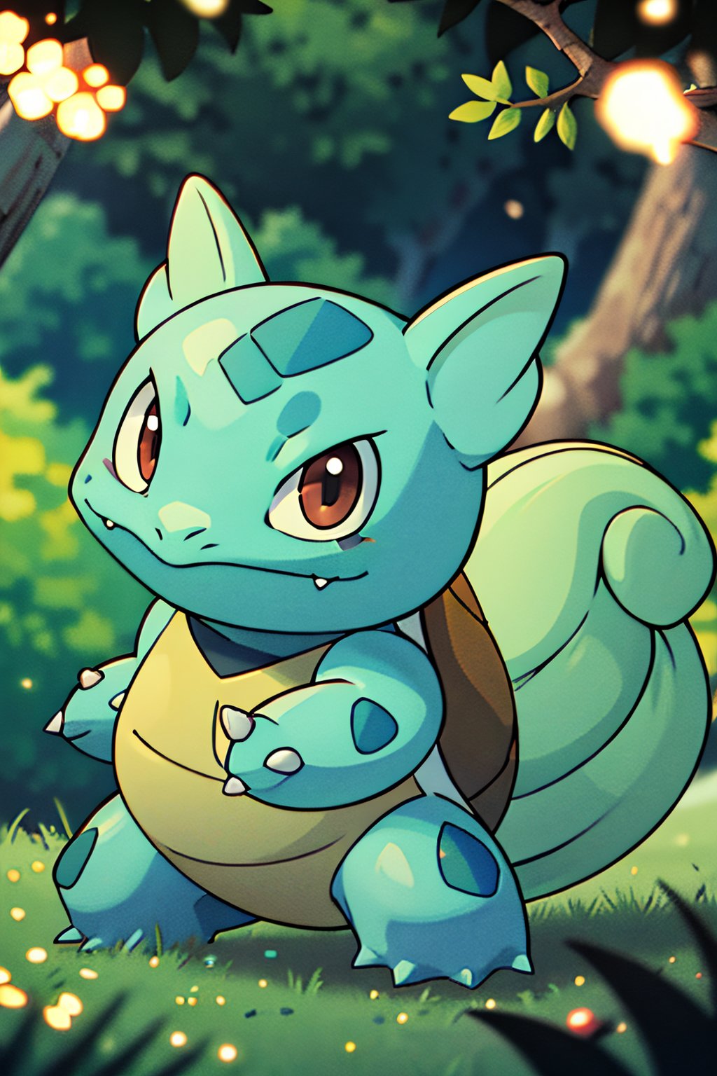 centered, award winning photo, (looking at viewer:1.2), |  Bulbasaur_Pokemon, |forest, big trees | bokeh, depth of field, cinematic composition, | ,Wartortle_Pokemon