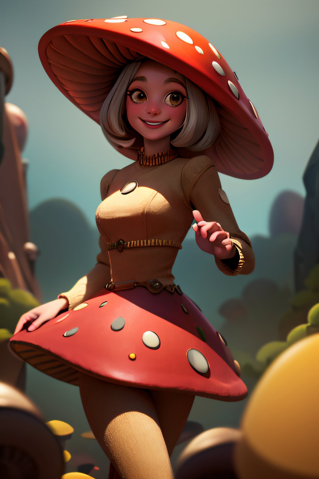 ((masterpiece,best quality)), absurdres,, Mushroom_Girl,solo, smiling, looking at viewer, cowboy shot,cinematic composition, dynamic pose,