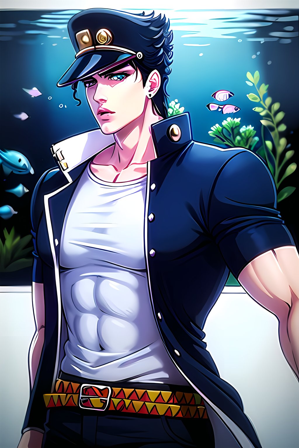 kujo jotaro, blue green eyes, big chain, BREAK perfect face, ((male focus)), solo, upper body, long coat, muscular, male focus, shirt, belts, aquarium, fish in background, ethereal, amazing artwork, masterpiece, hi res, 