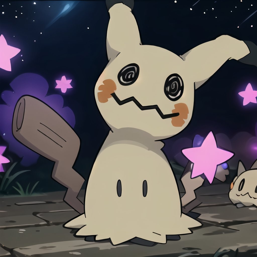 ((masterpiece,best quality)), absurdres,, Mimikyu_Pokemon,  no humans,  purple star, sparkle, starry_background, solo, looking at viewer, cinematic composition, 