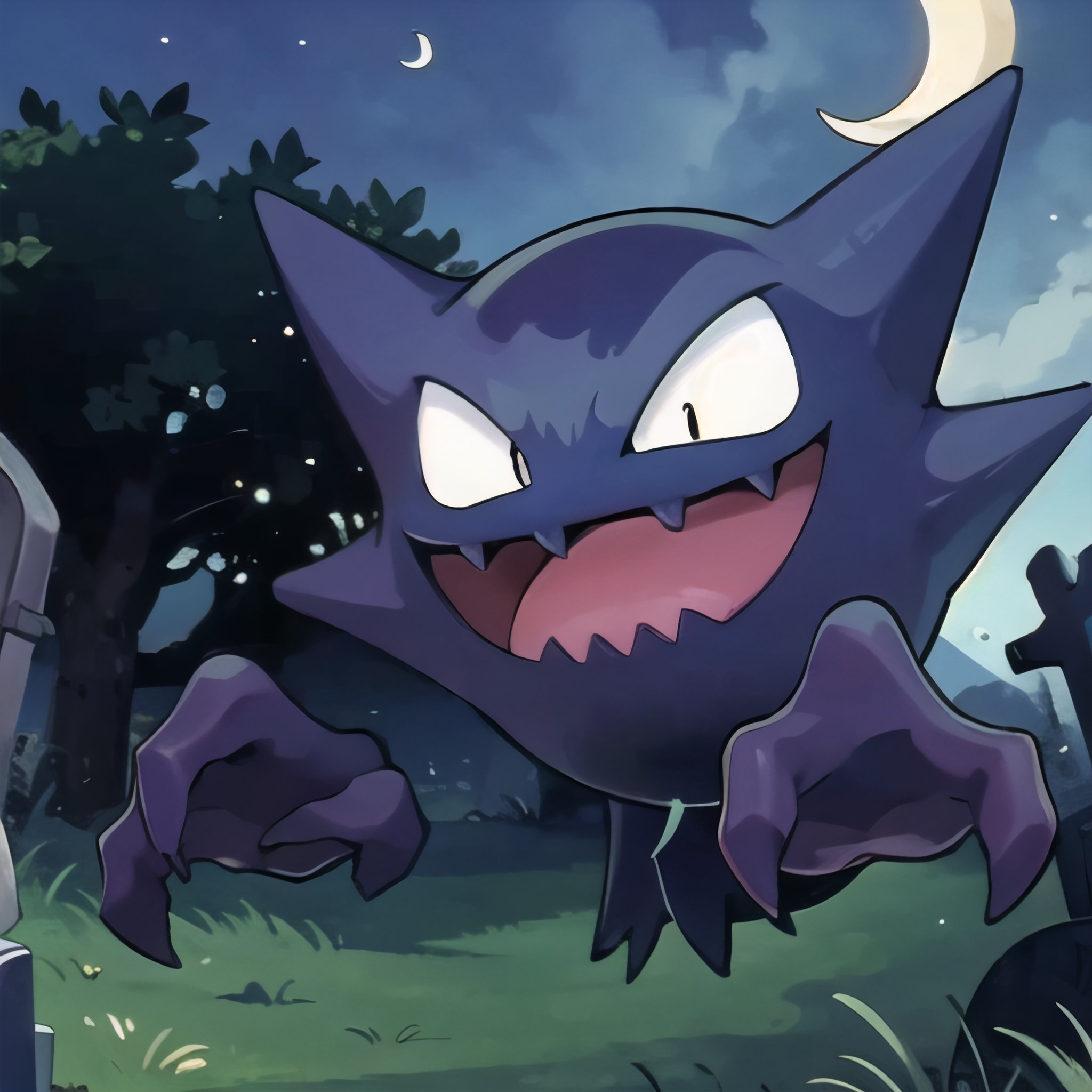 ((masterpiece,best quality)), , Haunter_Pokemon, floating,  no humans, pokemon \(creature\),solo, smiling, looking at viewer,graveyard, crescent moon,cinematic composition,