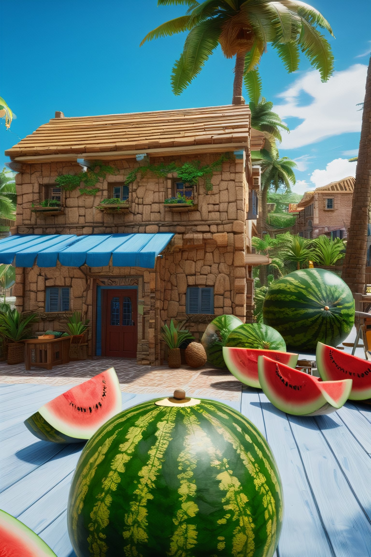 4k resolution, intricately detailed, trending on artstation, ((best quality)), ((highly detailed)), masterpiece, scenery, no humans, giant Watermelon,
outside, Delfino_Plaza, small fruit stand, pineapples, coconuts, palm tree, small house, clear blue sky, realistically detailed, HDR, 