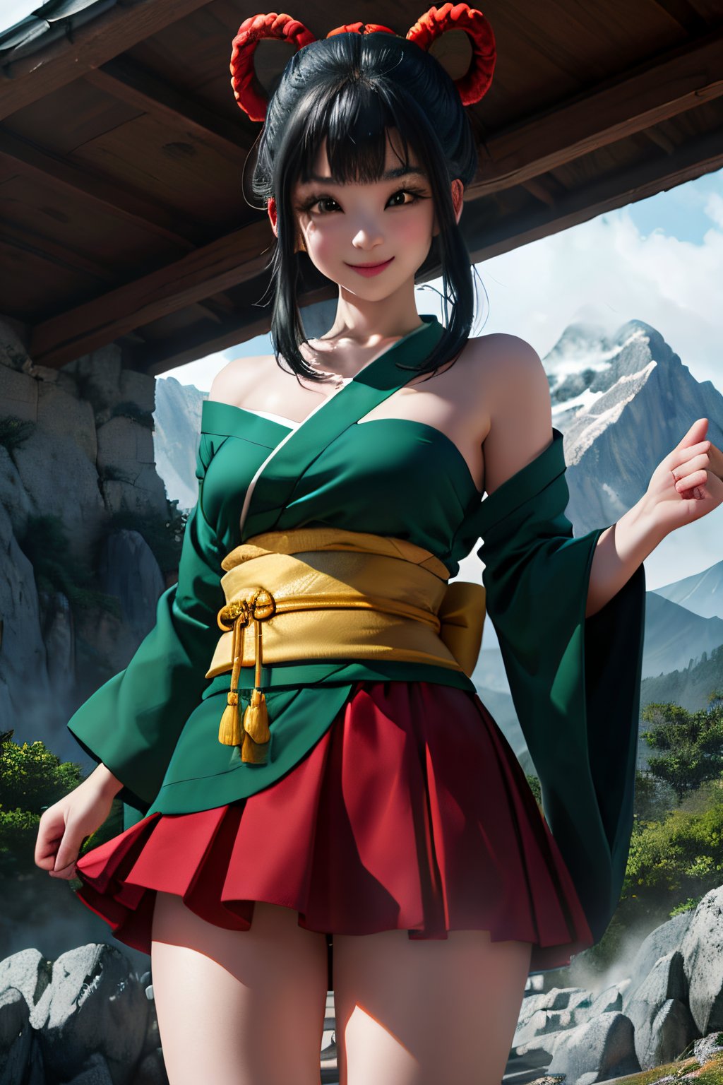 ((masterpiece,best quality)), absurdres,, Yurin_DB,  green kimono, red skirt, sarashi, single bare shoulder, Detailed face, smiling, looking at viewer, mountain in background, cinematic composition, dynamic pose,