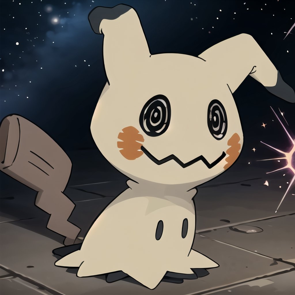 ((masterpiece,best quality)), absurdres,, Mimikyu_Pokemon,  no humans,  purple star, sparkle, starry_background, solo, looking at viewer, cinematic composition, 