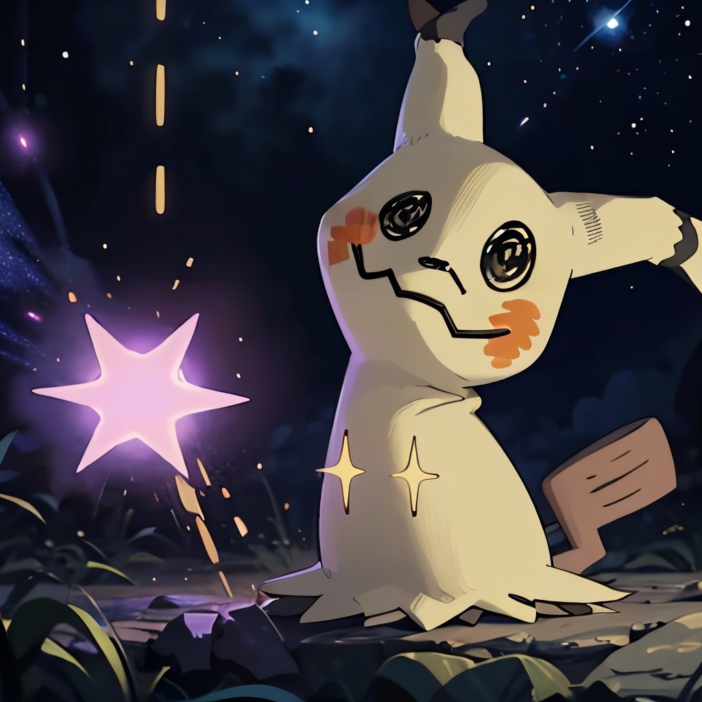 ((masterpiece,best quality)), absurdres,, Mimikyu_Pokemon,  no humans,  purple star, sparkle, starry_background, solo, looking at viewer, cinematic composition, 