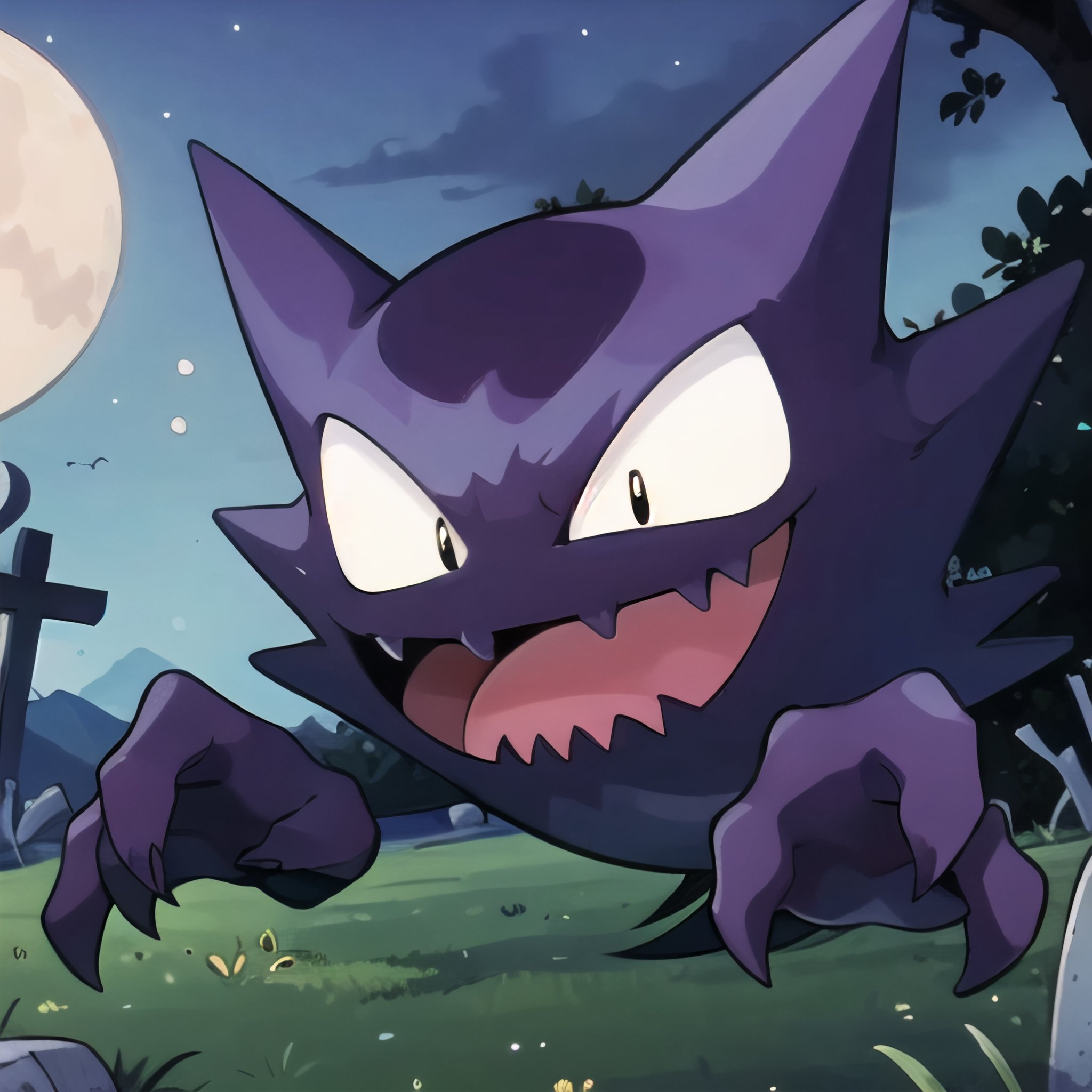 ((masterpiece,best quality)), , Haunter_Pokemon, floating,  no humans, pokemon \(creature\),solo, smiling, looking at viewer,graveyard, crescent moon,cinematic composition,