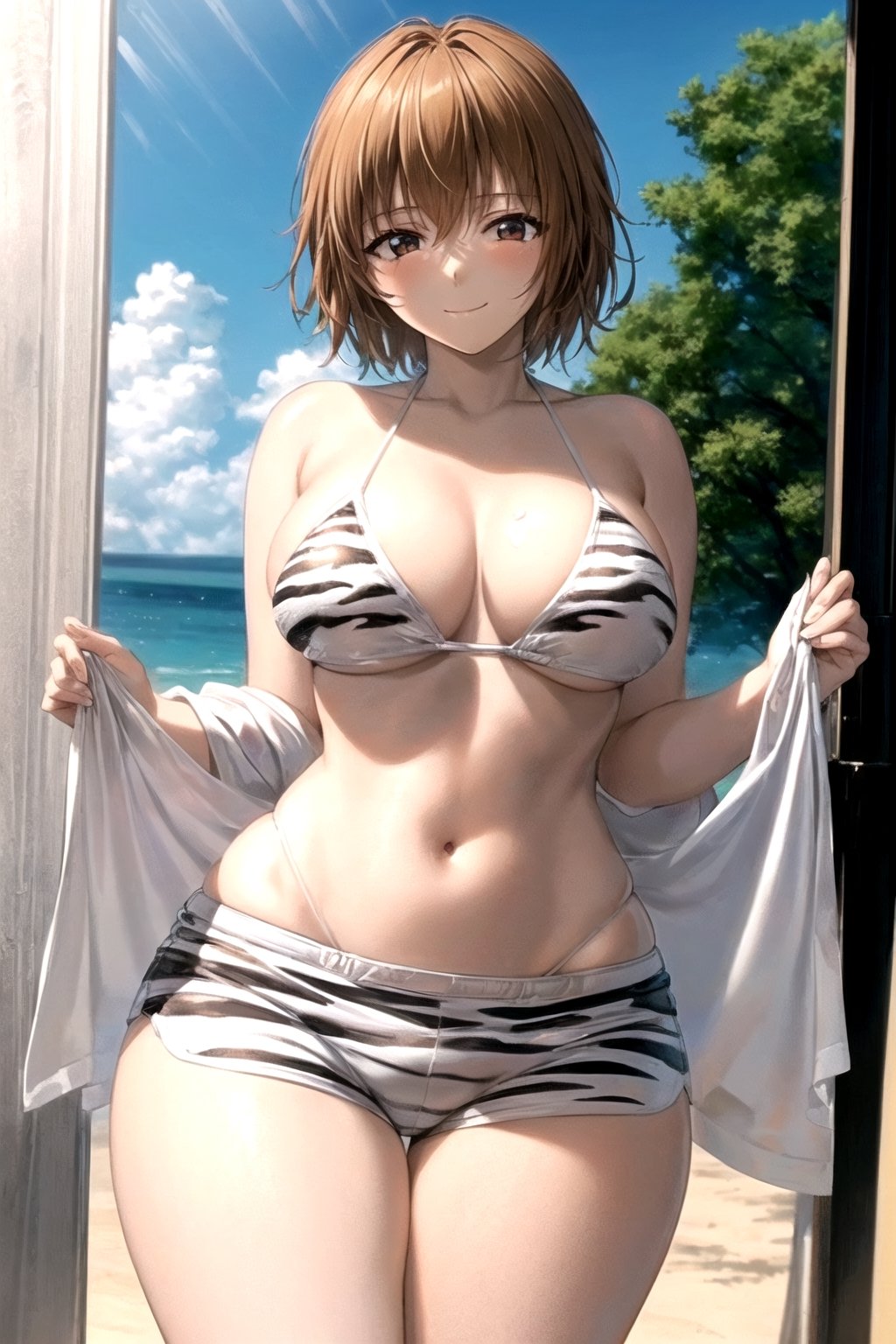 masterpiece, best aesthetic, best quality, ultra detailed, mao_miko, (large breasts:1.2), (wide hips:1.2), doax_nixie, (white bikini, striped bikini, animal print:1.3), halterneck, (white shorts, short shorts, striped shorts:1.3), cowboy shot, looking_at_viewer, outdoors, beach, (smile, closed mouth:1.2),mao_miko