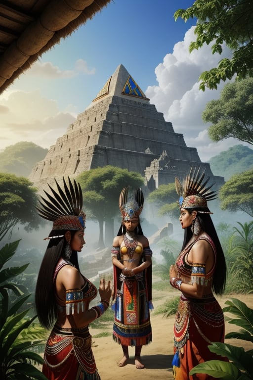 natural light detailed realistic aztec woman warrior goddess beautiful colorful ritual costumes in the jungle you can see an azreca pyramid and more aztecs working