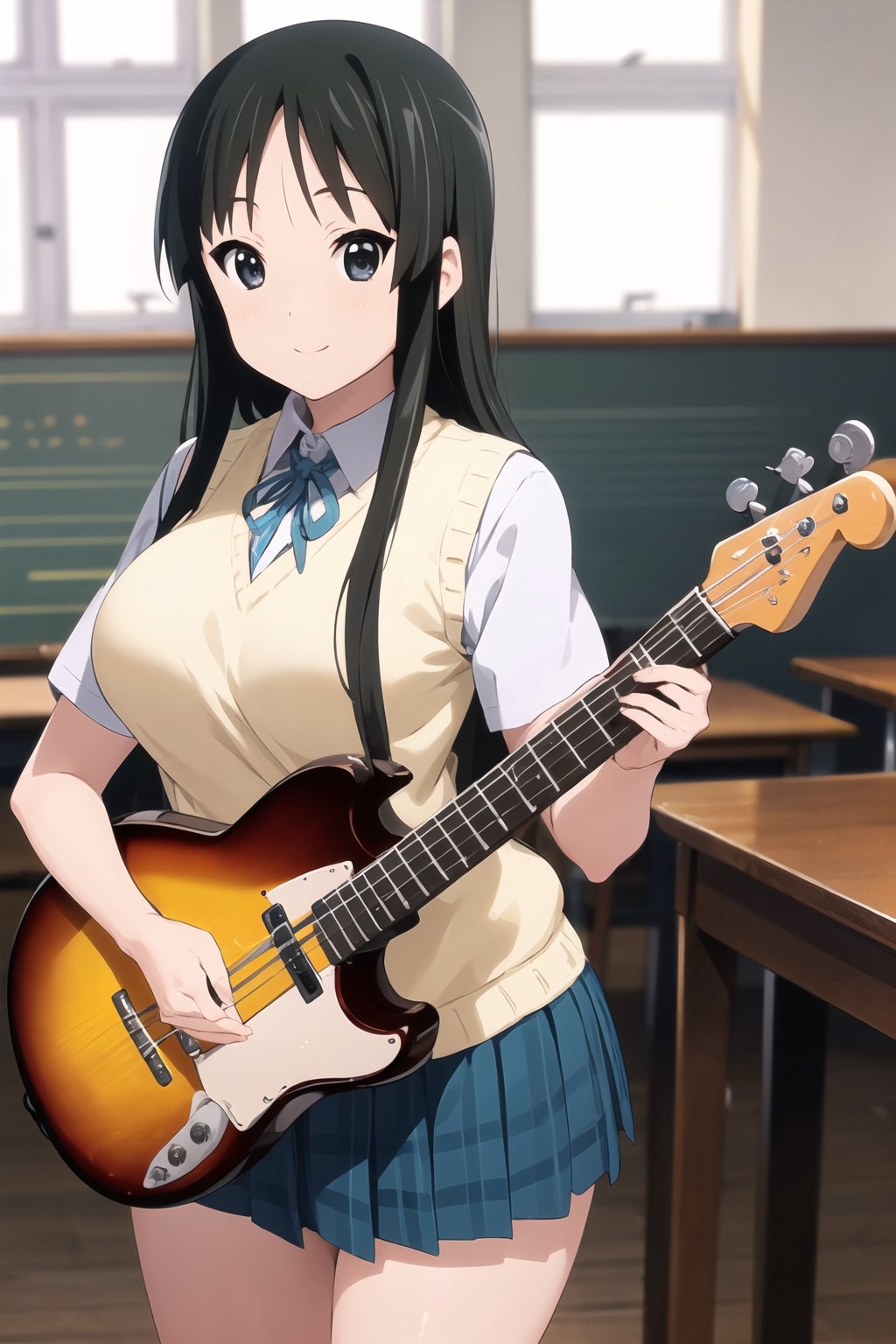 (((picture perfect))), 1girl, solo, mio akiyama, school uniform, sweater vest, short sleeves, looking at viewer,cowboy shot,big breasts,(paleturquoise skirt:1.1),playing bass guitar,classroom,smile,