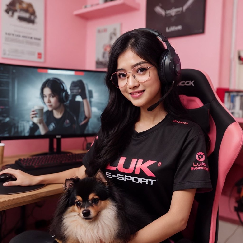 indonesia girl with nice body wearing glasses and headphone wear e-sport shirt with Sponsored logo text "LUK'E-SPORT" , black longhair, Sitting in gaming chair front of PC Gaming Smiling, in pink themed room, holding dog, coffee on the table, Text behind "LUKMAN.AI" written on the wall, very beautiful, intricate details, wideshot, photography, movie still