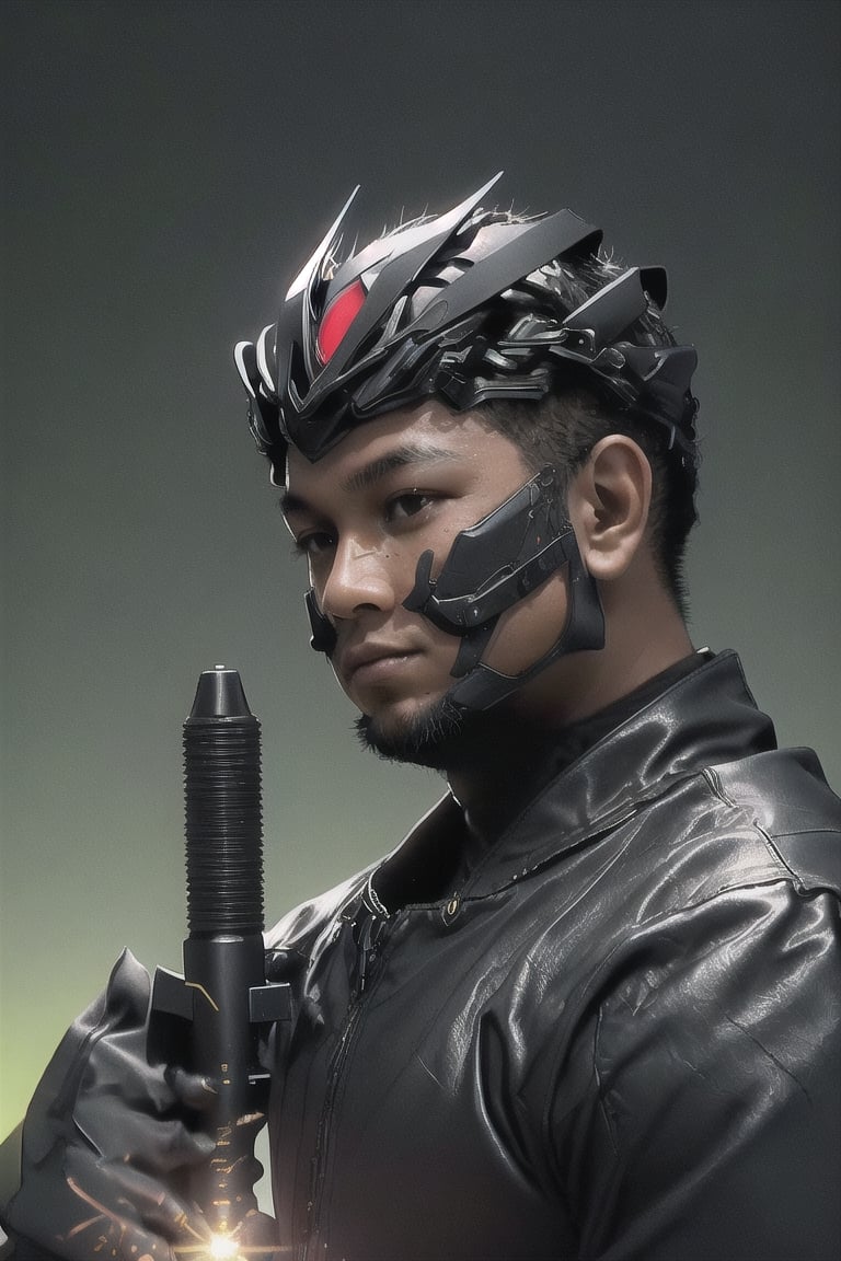 RAW photo of An enigmatic close-up photograph capturing the 1man 30 yo brown skin, indonesian, (fat:0.8), wearing techno armormix with intricate biomechanical details on him anatomical face, wires connected to head, metal, green spotlight, dark theme, (high detailed skin:1.2), silhouetted against the bright light, 8k uhd, dslr, soft lighting, high quality, film grain, Fujifilm XT3,Lukmang77,Flower