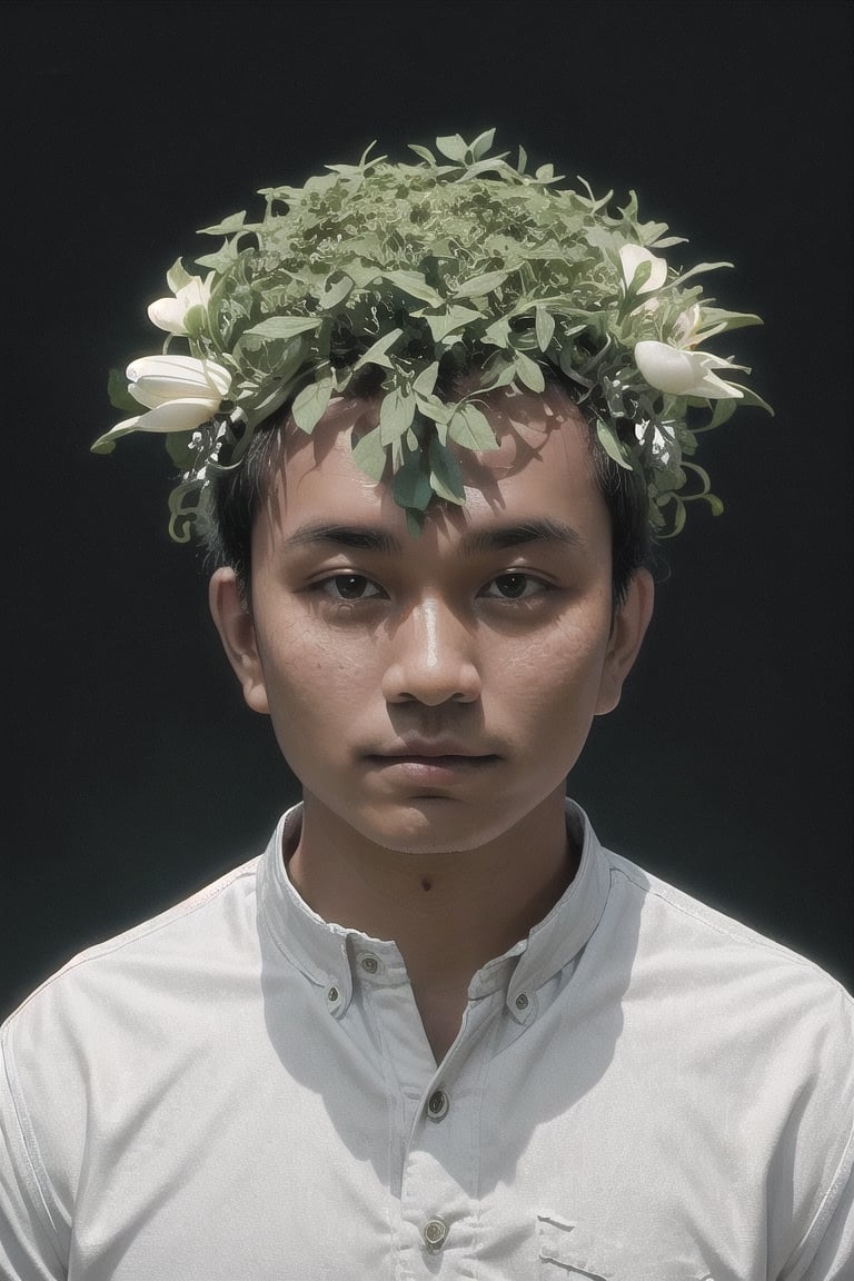 RAW photo of An enigmatic close-up photograph capturing the 1man 30 yo brown skin, indonesian, (fat:0.8), wearing flower4rmor with intricate biomechanical details on him anatomical face, wires connected to head, metal, green spotlight, dark theme, (high detailed skin:1.2), silhouetted against the bright light, 8k uhd, dslr, soft lighting, high quality, film grain, Fujifilm XT3,Lukmang77,Flower