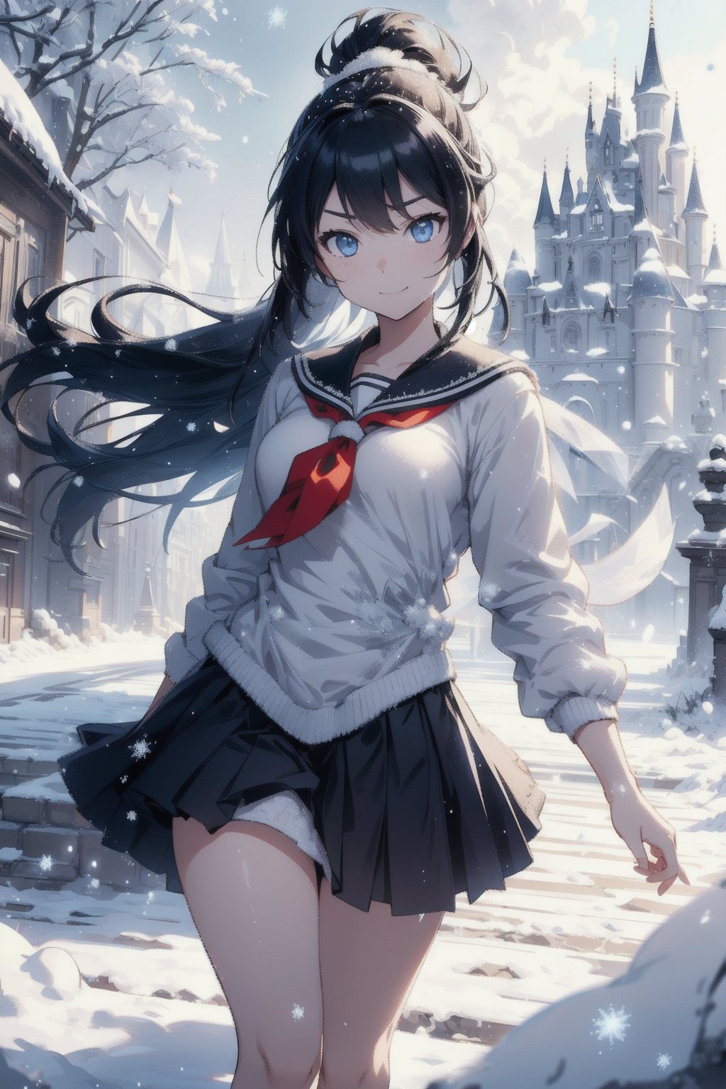 anime style beautiful woman, 1girl, (ponytail), black hair, (long hair), (smile), (((path leading to castle in background. scene takes place in winter. snow. cold. very low temperature. cold fog))),
Slender, skinny, (turime), thick eyebrows, 
(school uniform), (sailor uniform), ((red sailor tie)), (white sailor blouse), 
vibrant colors, sharp focus, best quality, depth of field, cinematic lighting, (illustration, 8k CG, extremely detailed), ultra-detailed, high resolution, firefliesfireflies, perfect light, 
stylish pose, 8k, very clear, highest quality, high resolution. best quality, illustration, sax blue, 1girl, cute, (dynamic lighting:1.2), cinematic lighting, delicate facial features, detailed eyes, sharp pupils, realistic pupils, depth of field, bokeh, sharp focus, (hyper-detailed, bloom, glow:1.4), many small gems,salttech