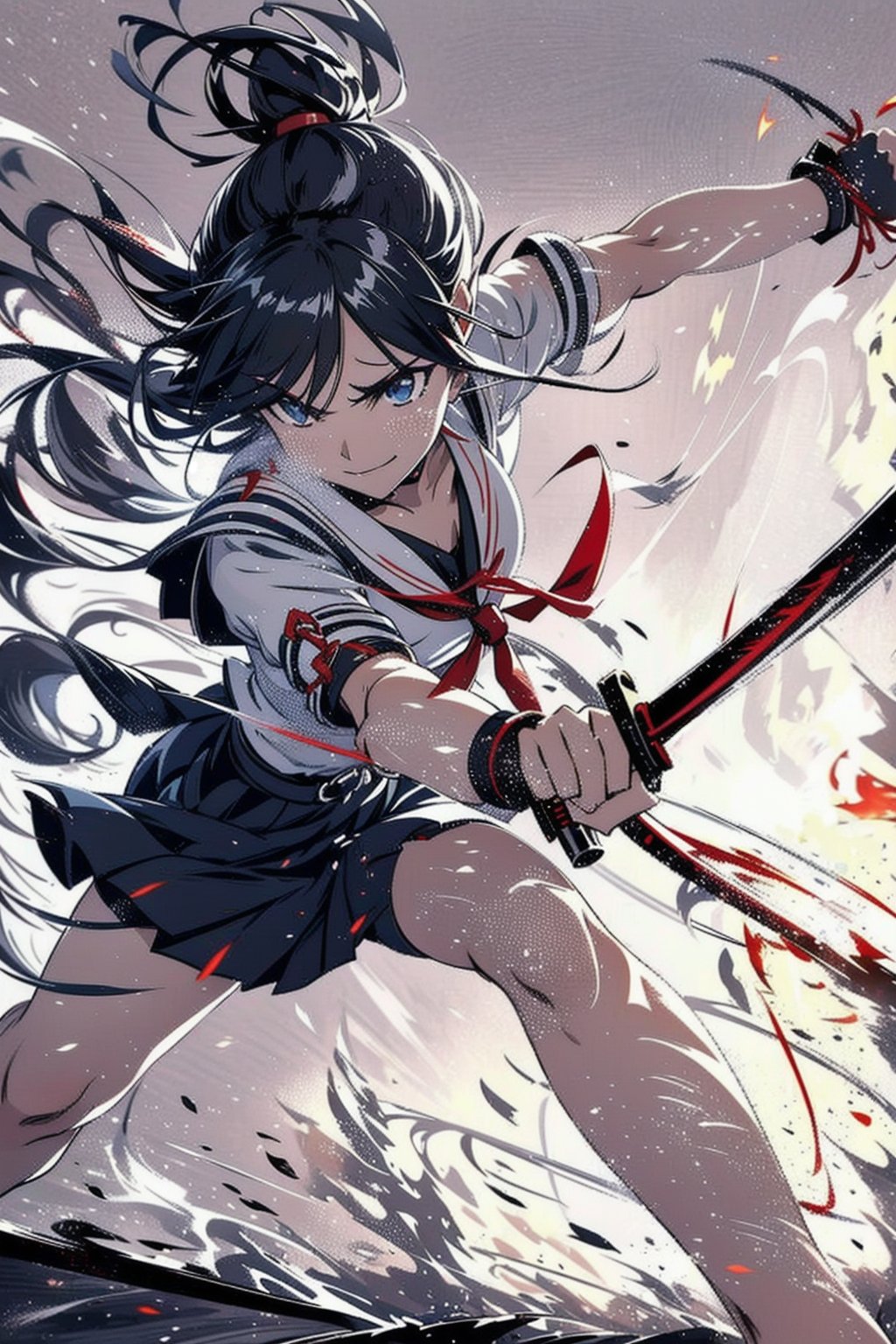 anime style beautiful woman, 1girl, (ponytail), black hair, (long hair), (smile),
Slender, skinny, (turime), thick eyebrows, 
(school uniform), (sailor uniform), ((red sailor tie)), (white sailor blouse), 
 (((fighting, dust, smoke, weapon, katana, holding weapon,  dynamic pose, motion blur, emphasis line, sparks, plasma, aura))), 
vibrant colors, sharp focus, best quality, depth of field, cinematic lighting, (illustration, 8k CG, extremely detailed), ultra-detailed, high resolution, firefliesfireflies, perfect light, 
stylish pose, 8k, very clear, highest quality, high resolution. best quality, illustration, sax blue, 1girl, cute, (dynamic lighting:1.2), cinematic lighting, delicate facial features, detailed eyes, sharp pupils, realistic pupils, depth of field, bokeh, sharp focus, (hyper-detailed, bloom, glow:1.4), many small gems,leviathandef,dragonbaby,seek,fight scene