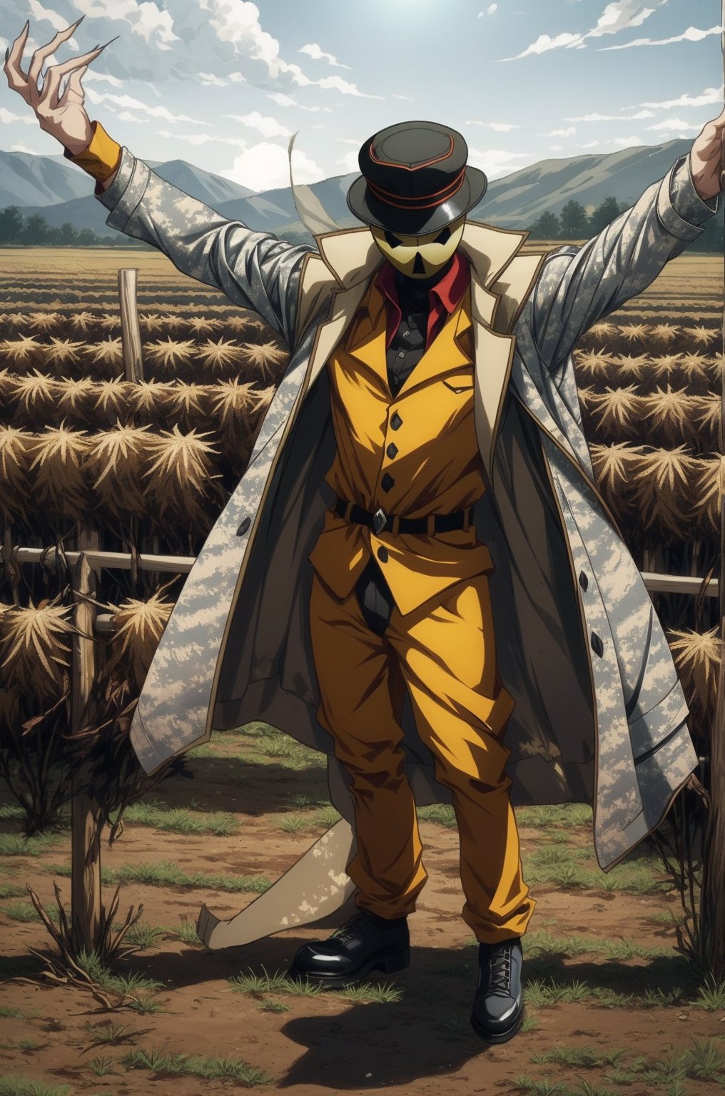 ((SCARECROW)), Pandora's Actor, ((picture perfect)), solo,3_fingers, coat,  military hat, yellow cloak, hat military, military uniform Yellow, Pandora's Actor/(Overlord), (((SCARECROW))), front view,perfect light, open arms for viewer, feild, plantation, farm, 