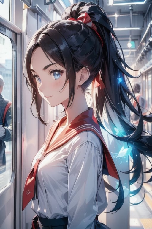 anime style beautiful woman, 1girl, (ponytail), black hair, (long hair), (smile),  E235, train interior, angle from side, profile, dimly lit, evening, dusk, magic hour, red sunset sky,e235, (face), ((close up)), 
Slender, skinny, Flat Chest, small breasts, (turime), thick eyebrows, 
(school uniform), (sailor uniform), ((red sailor tie)), (white sailor blouse), 
vibrant colors, sharp focus, best quality, depth of field, cinematic lighting, (illustration, 8k CG, extremely detailed), ultra-detailed, high resolution, firefliesfireflies, perfect light, 
stylish pose, 8k, very clear, highest quality, high resolution. best quality, illustration, sax blue, 1girl, cute, (dynamic lighting:1.2), cinematic lighting, delicate facial features, detailed eyes, sharp pupils, realistic pupils, depth of field, bokeh, sharp focus, (hyper-detailed, bloom, glow:1.4), many small gems, e235