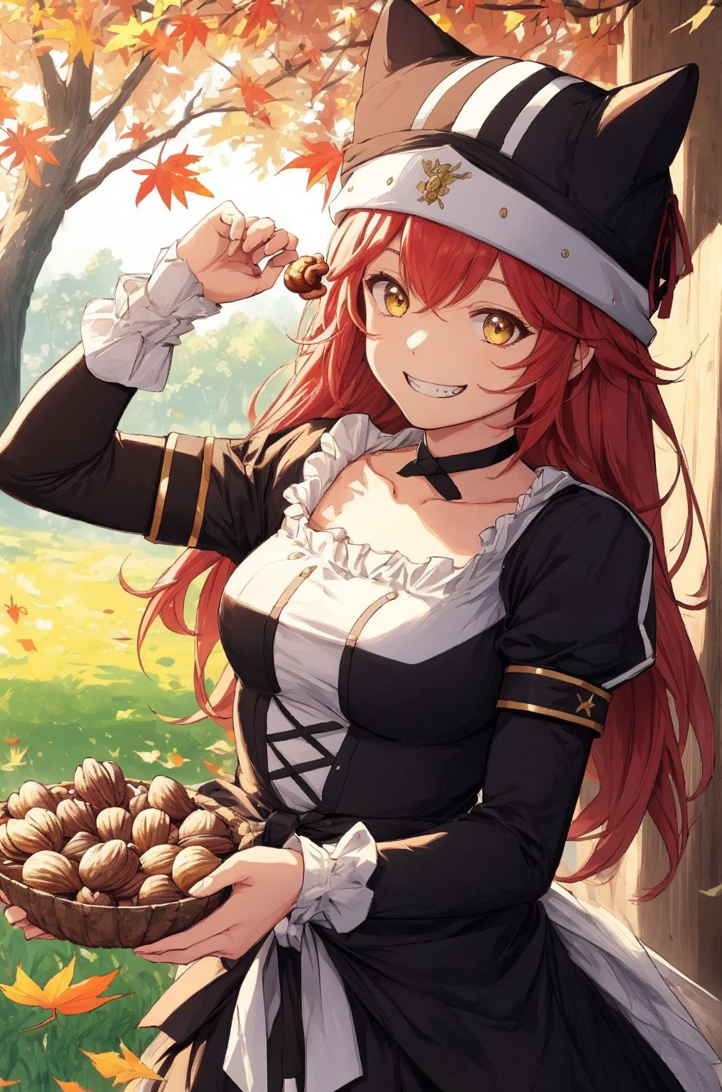 (nuts), (((pinch a nuts between the fingers))), autumn, levies, (Bounty, harvest), lupusregina beta, evil grin, acrobatic pose, outdoors, forest, trees, BETA, masterpiece, best quality, high quality, highres, absurdres, 1girl, solo, animal hat, anime coloring, maid, upper body, puffy short sleeves, black headwear, collarbone, parody, official style, black choker, alternate costume, bridal gauntlets, black dress, white shirt, ess, dress, frills, long sleeves, maid, maid headdress, puffy sleeves, looking at viewer, masterpiece, best quality, high resolution, 
