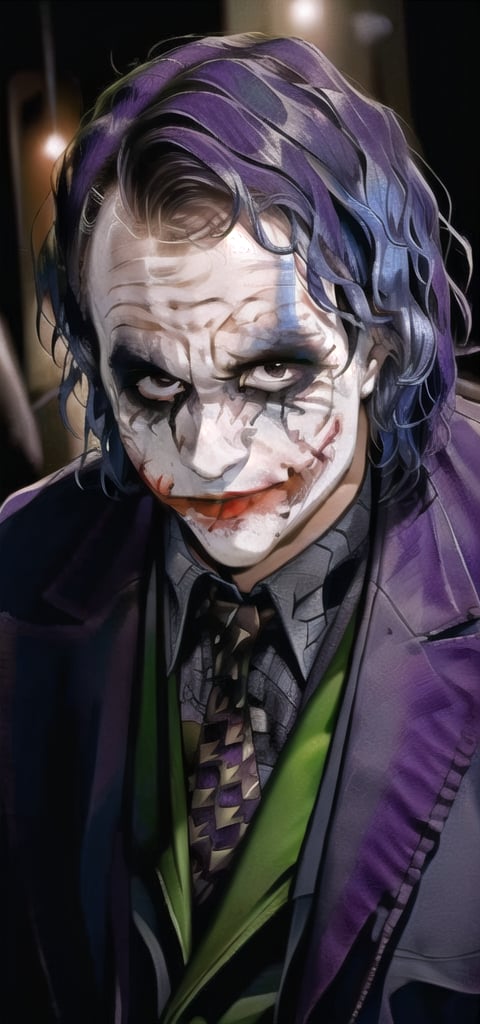 Joker, Joker's face paint, Brain Unglaus, Overlord, 1boy, solo, wavy hair, blue hair, darkness, night, ((face, close up)),
masterpiece, best quality, ultra-detailed, glowing light, (detailed background, complex background:1.2), (perfect face, detailed face), bar, saloon, light smile,