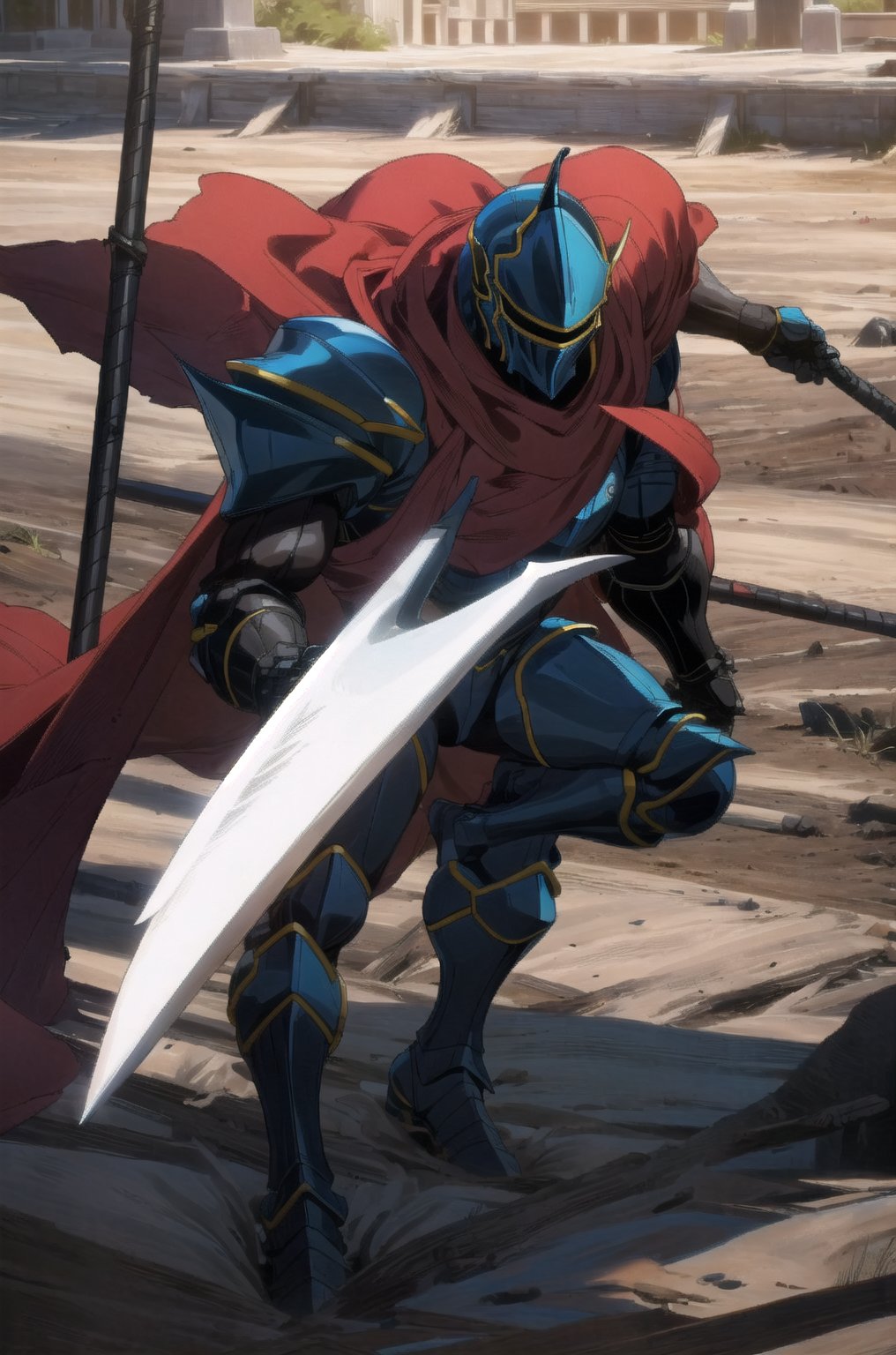 Momon, armor, ((solo)), cape, helmet, weapon, red cape, 1boy, full blue armor, male focus, armored boots, gauntlets, fake horns, sheath, sheathed, boots, shoulder armor, upper body, 
darkness, night, graveyard, field, ground, highest quality, high resolution,
High quality,(Beautiful), ((masterpiece)), vibrant colors,  