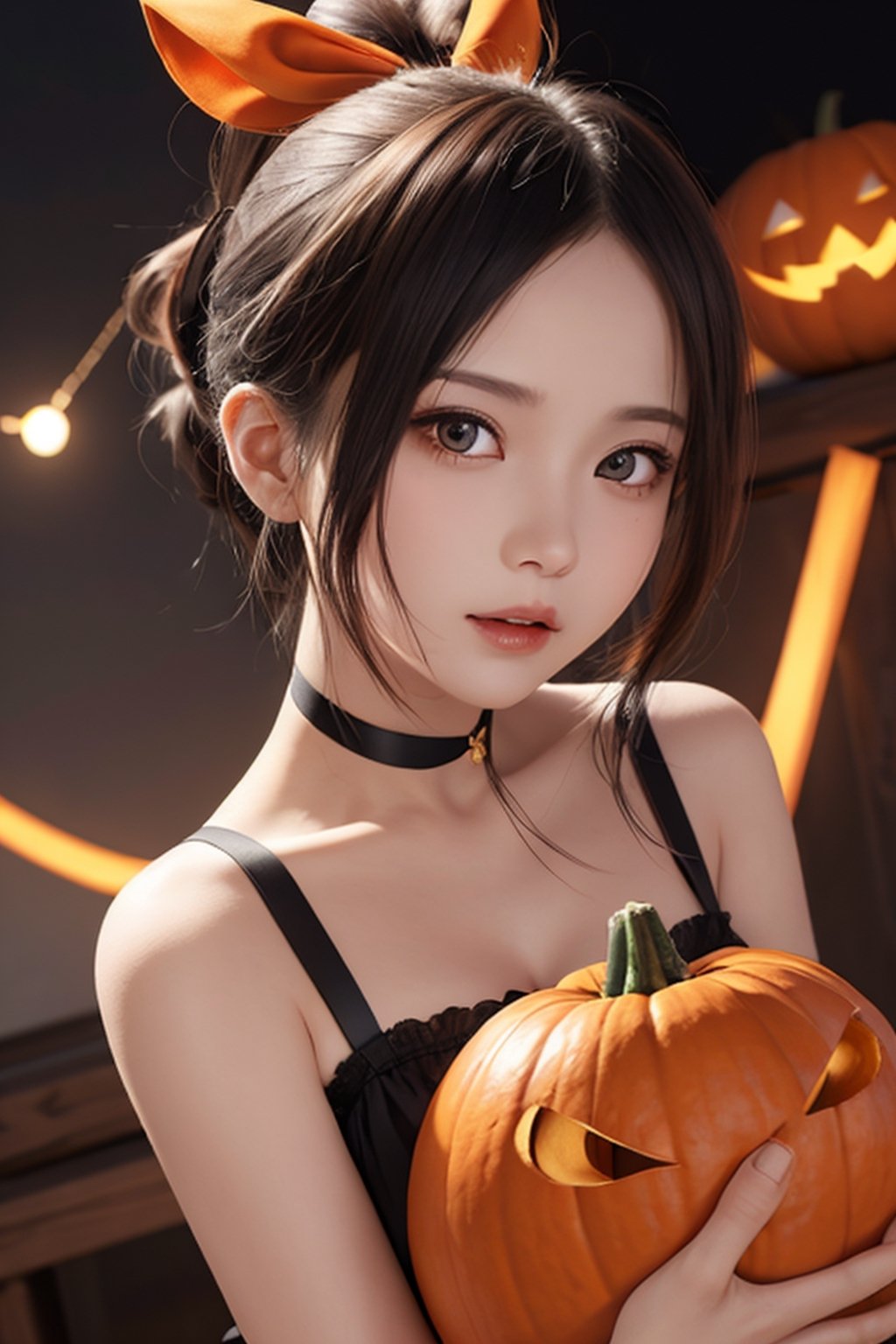 beutiful woman, shinomiya kaguya, folded ponytail, forehead, hair ribbon, brown eyes, (orange ribbon), ribbon, short hair, sidelocks, small breast, , witch, Woman dressed in a spooky Halloween costume, holding a carved pumpkin, surrounded by pumpkin, looking at viewer, best quality, high resolution, unity 8k wallpaper, illustration, beautiful detailed eyes, extremely detailed face, perfect lighting, extremely detailed CG, perfect hands, perfect anatomy,folded ponytail, high_school_girl, mai, 1girl, upper body,
