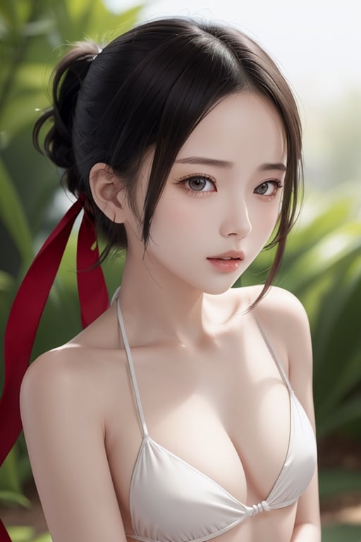 micro bikini, emotionless, beutiful woman, shinomiya kaguya, folded ponytail, forehead, hair ribbon, brown eyes, (red ribbon), ribbon, short hair, sidelocks, small breast ,looking at viewer, best quality, high resolution, unity 8k wallpaper, illustration, beautiful detailed eyes, extremely detailed face, perfect lighting, extremely detailed CG, perfect hands, perfect anatomy,folded ponytail, high_school_girl, mai, 1girl, upper body