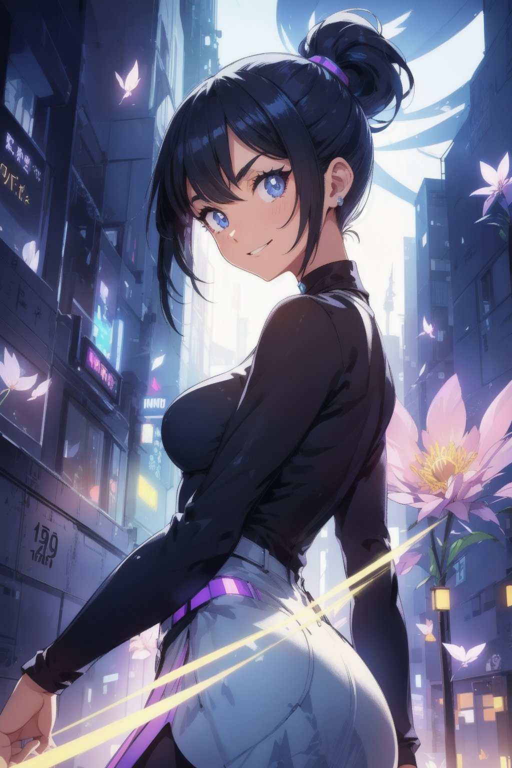 anime style beautiful woman, 1girl, (ponytail), black hair, (long hair), 
smile, 
Slender, skinny, (turime), thick eyebrows, 
Modern cathedral, towering modern architecture, expansive sky, mid-century aesthetic, acid-trip, psychedelia, (1960's modern art: 1.4),  High-resolution, masterpiece, polished, shimmering, tight-focus, vivid, ((asymmetrical composition)), 
vibrant colors, sharp focus, best quality, depth of field, cinematic lighting, (illustration, 8k CG, extremely detailed), ultra-detailed, high resolution, firefliesfireflies, perfect light, 
stylish pose, 8k, very clear, highest quality, high resolution. best quality, illustration, sax blue, 1girl, cute, (dynamic lighting:1.2), cinematic lighting, delicate facial features, detailed eyes, sharp pupils, realistic pupils, depth of field, bokeh, sharp focus, (hyper-detailed, bloom, glow:1.4), many small gem