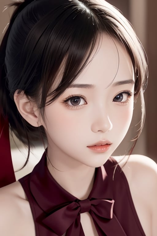 micro bikini, sexy pose, emotionless, beutiful woman, shinomiya kaguya, folded ponytail, forehead, hair ribbon, brown eyes, (red ribbon), ribbon, short hair, sidelocks, small breast ,looking at viewer, best quality, high resolution, unity 8k wallpaper, illustration, beautiful detailed eyes, extremely detailed face, perfect lighting, extremely detailed CG, perfect hands, perfect anatomy,folded ponytail, high_school_girl, mai, 1girl, face