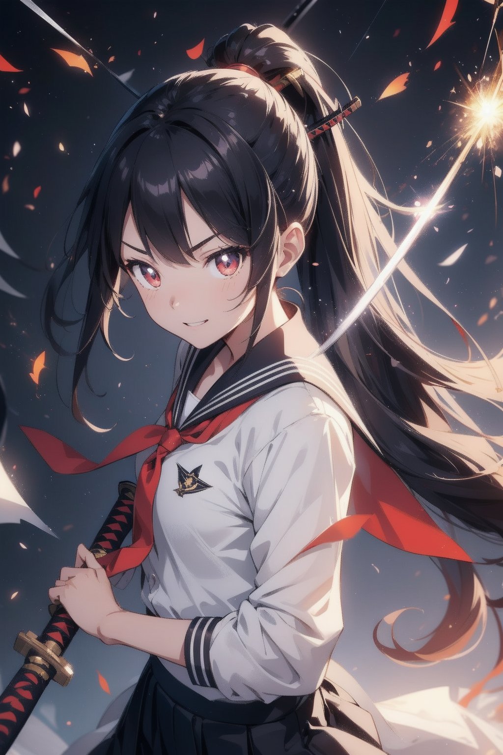 anime style beautiful woman, 1girl, (ponytail), black hair, (long hair), (smile),
Slender, skinny, (turime), thick eyebrows, 
(school uniform), (sailor uniform), ((red sailor tie)), (white sailor blouse), 
 (((weapon, katana, holding weapon, emphasis line, sparks, plasma, aura))), standing, full body, 
vibrant colors, sharp focus, best quality, depth of field, cinematic lighting, (illustration, 8k CG, extremely detailed), ultra-detailed, high resolution, firefliesfireflies, perfect light, 
stylish pose, 8k, very clear, highest quality, high resolution. best quality, illustration, sax blue, 1girl, cute, (dynamic lighting:1.2), cinematic lighting, delicate facial features, detailed eyes, sharp pupils, realistic pupils, depth of field, bokeh, sharp focus, (hyper-detailed, bloom, glow:1.4), many small gems,atmosphere,effects