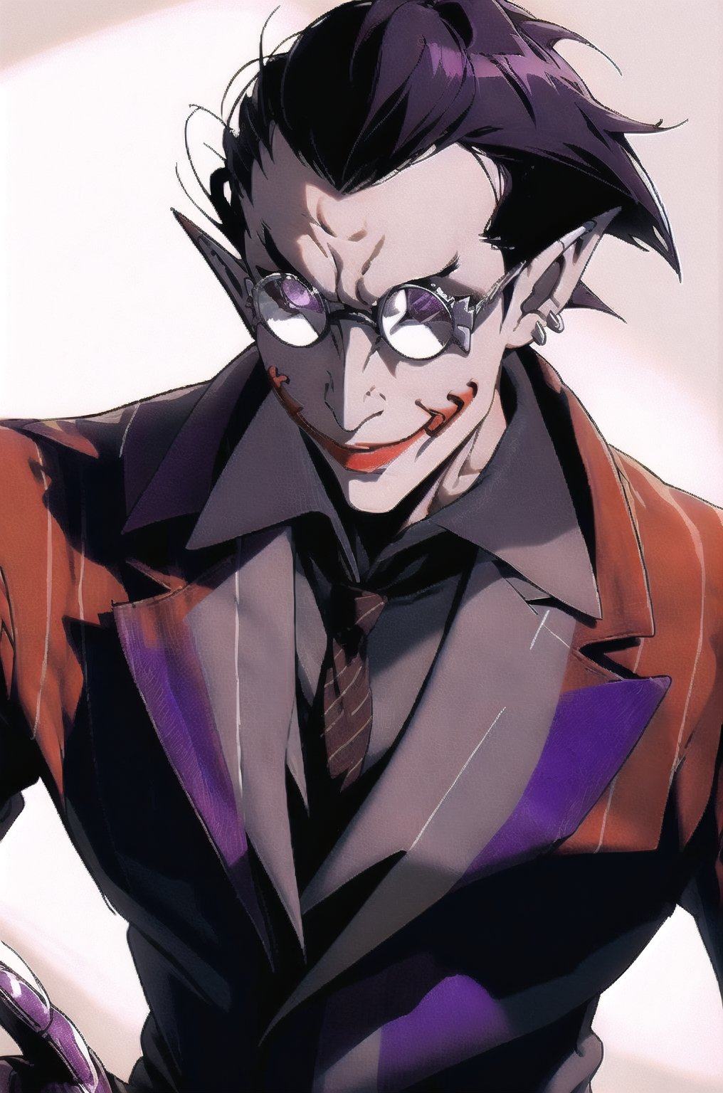 JOKER, ((masterpiece))),best quality, illustration, (stylish pose), black background, 
Demiurge, orange suit, orange trouser, Orange Necktie, Silver Round Glasses, short hair, pointy ears, black hair, Diamond Eyes, long metal tail,  black gloves, demiurge, 
upper body, darkness, glowing forehead,r1ge,midjourney