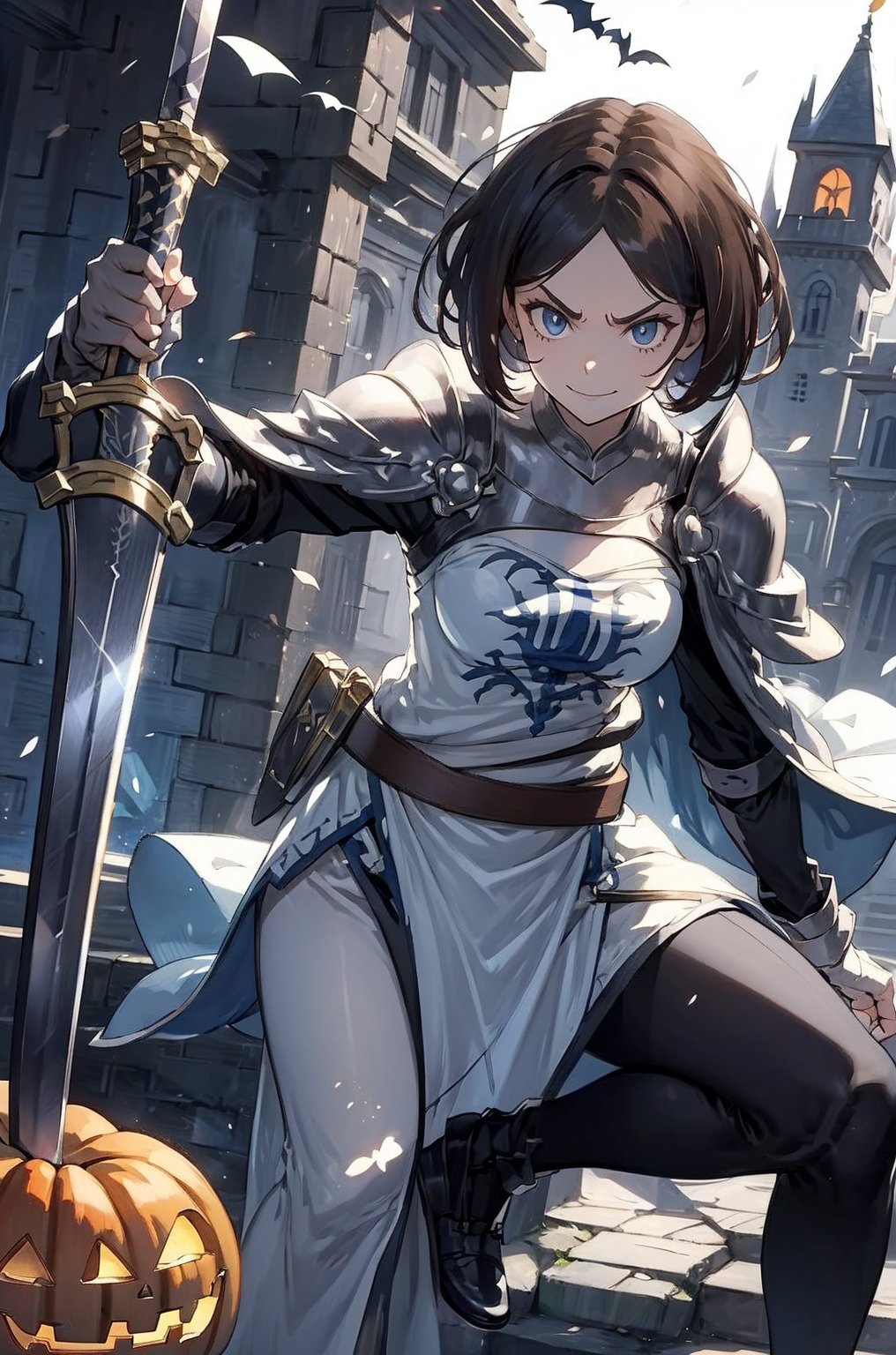 sitting, light smile, witch, Woman dressed in a spooky Halloween costume, holding a carved pumpkin, surrounded by pumpkin, masterpiece, best quality
1girl, solo
1girl on a castle wall, medieval castle, outdoors, gloomy lighting, (afternoon:1.2), 
Remedios, short hair, hair band, brown hair, armor, serious face, looking at viewer,
fighting stance, sword, ((holding sword)), buster sword, 