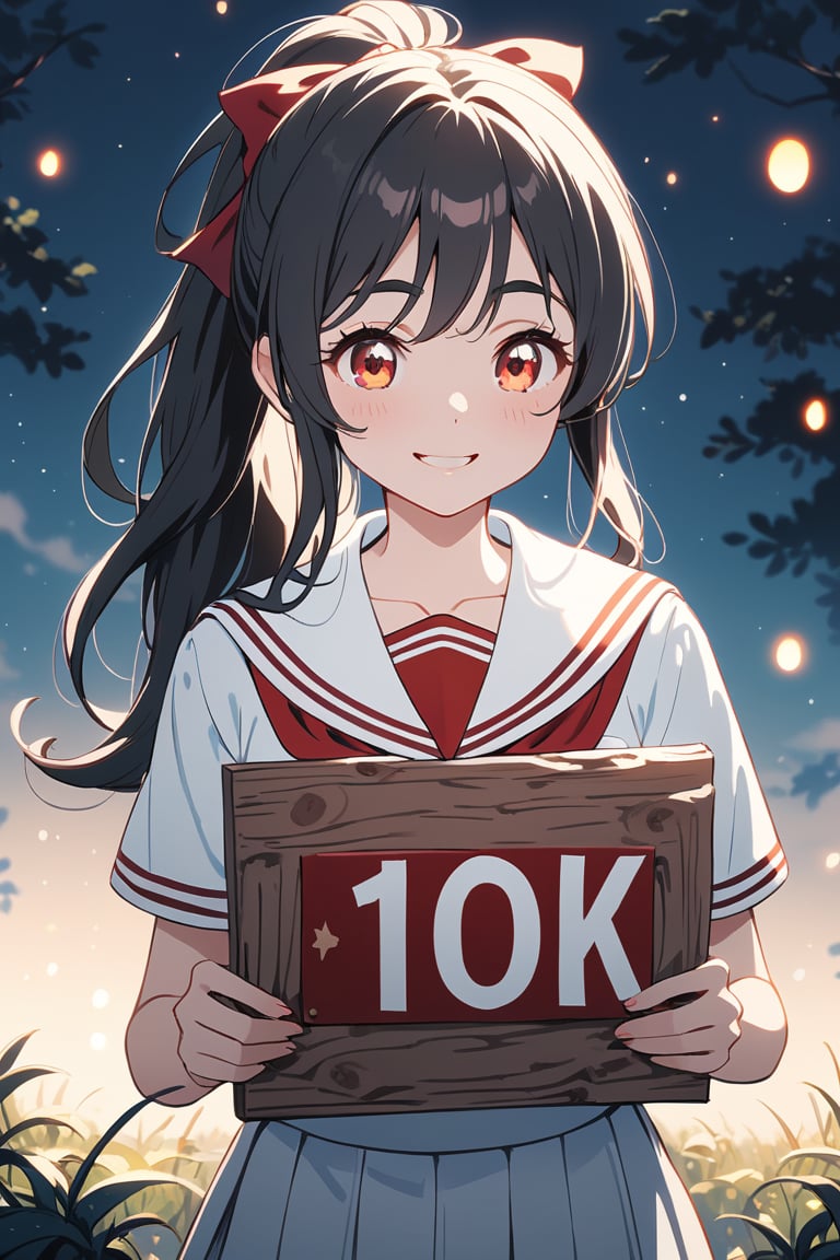 (((holding a wood sign with text as "10K" text))), style_poppins, 
anime style beautiful woman, 1girl, smile, (ponytail), black hair, (long hair),
Slender, skinny, (turime), thick eyebrows, 
(school uniform), (sailor uniform), ((red sailor tie)), (white sailor blouse),
vibrant colors, sharp focus, best quality, depth of field, cinematic lighting, (illustration, 8k CG, extremely detailed), ultra-detailed, high resolution, firefliesfireflies, perfect light,

