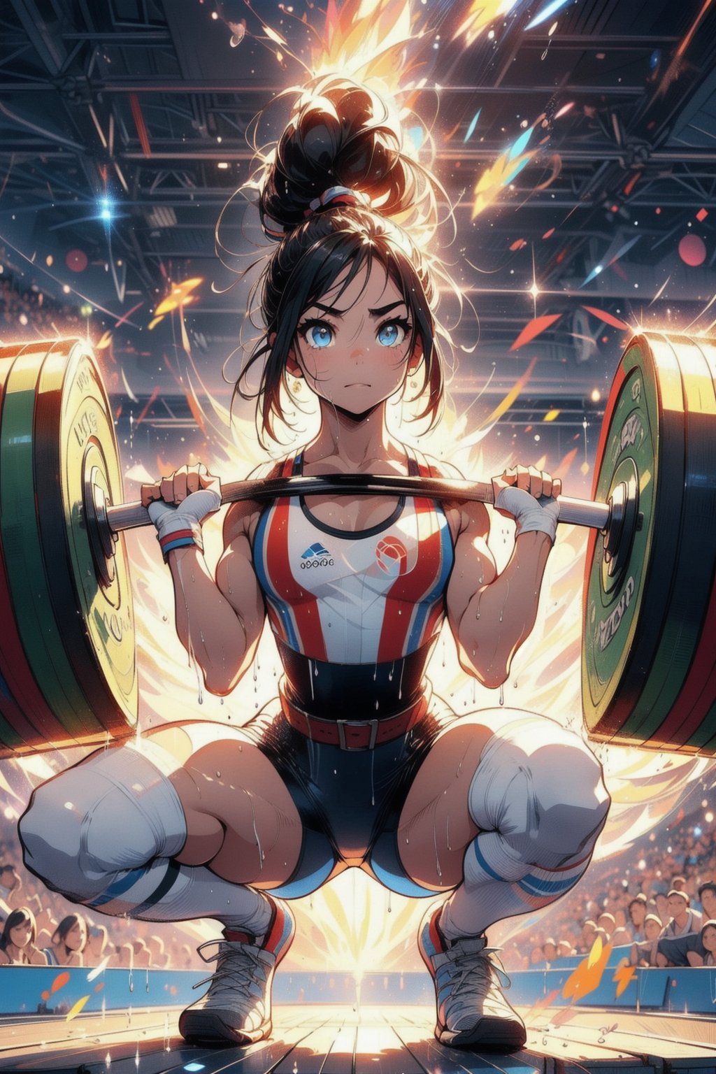 Paris Olympics, (((weightlifting)))
anime style beautiful woman, 1girl, (ponytail), black hair, (long hair), 
Slender, skinny, (turime), thick eyebrows, 
(wet), tight_clothes, 
Olympic Stadium, stage, 
vibrant colors, sharp focus, best quality, depth of field, cinematic lighting, (illustration, 8k CG, extremely detailed), ultra-detailed, high resolution, firefliesfireflies, perfect light, 
8k, very clear, highest quality, high resolution. best quality, illustration, sax blue, 1girl, cute, (dynamic lighting:1.2), cinematic lighting, delicate facial features, detailed eyes, sharp pupils, realistic pupils, depth of field, bokeh, sharp focus, (hyper-detailed, bloom, glow:1.4), many small gems,girl,Midjourney, looking viewer, facing viewer, multiple boys, fingerless gloves, cheering, official scorer, crowd in distant stands, stadium, olympic venues, sports shorts, athletes uniforms, ((olympic rings symbol)), ((barbell)), (((Squatting, Large spread legs))), 