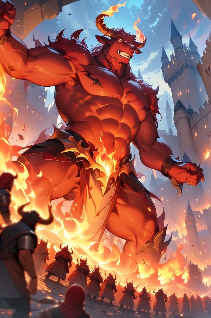 flame demon, fire, flames, smoke, evil grin, (minotaur), bull monster, from below, upper body, ((many people lying on the ground)), 
monster, fire, stone road, flame, Medieval, surrounding by fire,flame around the monster,flying debris,FuturEvoLabFlame, 
Castles, towers, medieval castle, outdoors, gloomy lighting, (afternoon:1.2), dynamic pose,perfect light, 