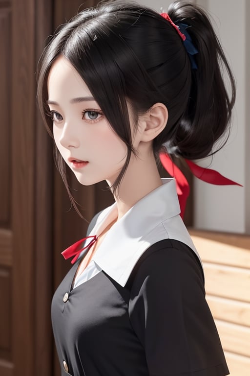 beutiful woman, shinomiya kaguya, folded ponytail, forehead, hair ribbon, brown eyes, (red ribbon), ribbon, short hair, sidelocks, small breast ,black dress, dress, pinafore dress, school uniform, shirt, short sleeves, shuuchiin academy school uniform, white shirt, looking at viewer, best quality, high resolution, unity 8k wallpaper, illustration, beautiful detailed eyes, extremely detailed face, perfect lighting, extremely detailed CG, perfect hands, perfect anatomy,folded ponytail, high_school_girl, mai, 1girl, full body, standing