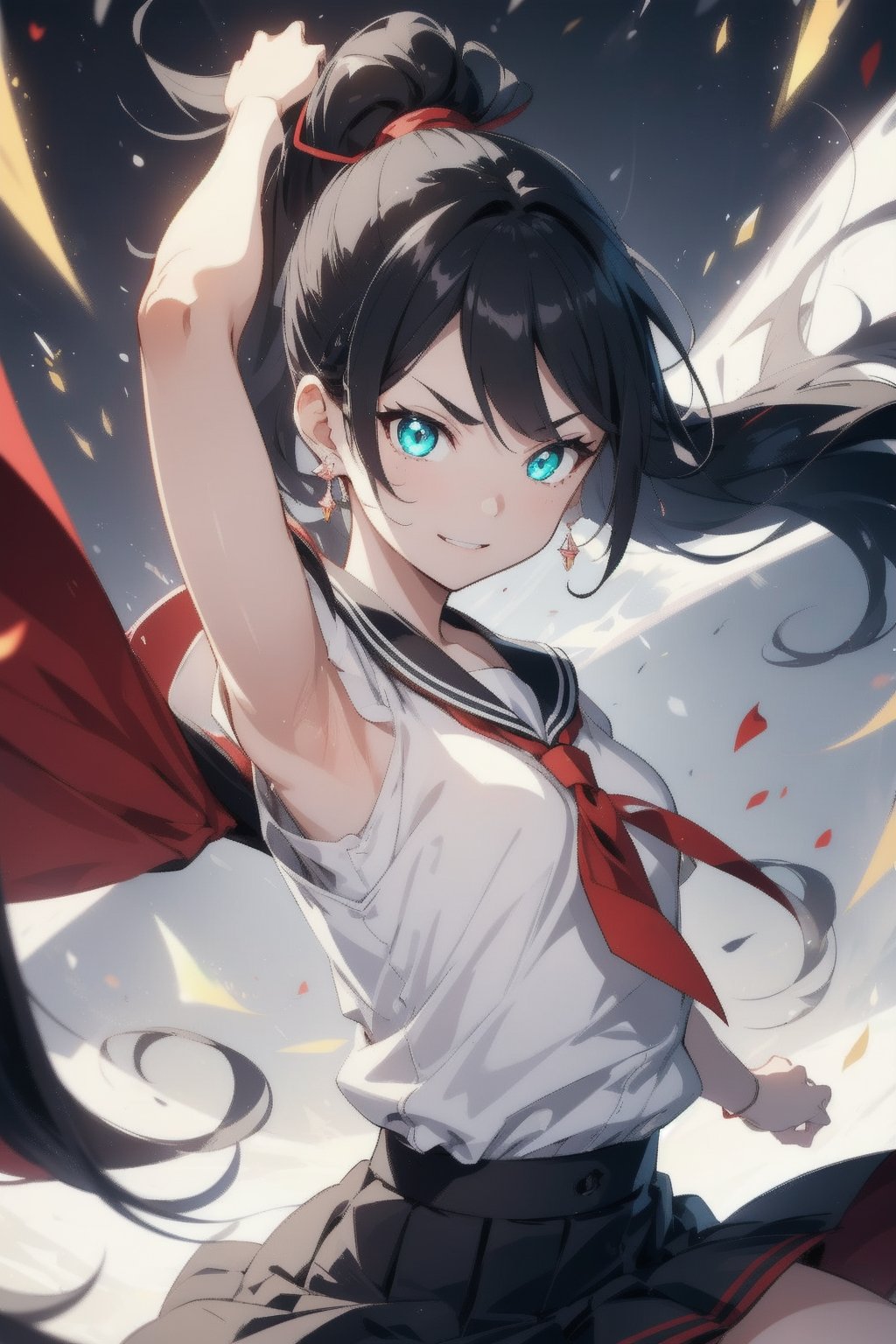 anime style beautiful woman, 1girl, (ponytail), black hair, (long hair), 
(smile), 
Slender, skinny, (turime), thick eyebrows, 
(school uniform), (sailor uniform), ((red sailor tie)), (white sailor blouse), 
(((upper punch, punching, fighting stance, motion blur, speed line, arm lift, arm up))), 
vibrant colors, sharp focus, best quality, depth of field, cinematic lighting, (illustration, 8k CG, extremely detailed), ultra-detailed, high resolution, firefliesfireflies, perfect light, 
stylish pose, 8k, very clear, highest quality, high resolution. best quality, illustration, sax blue, 1girl, cute, (dynamic lighting:1.2), cinematic lighting, delicate facial features, detailed eyes, sharp pupils, realistic pupils, depth of field, bokeh, sharp focus, (hyper-detailed, bloom, glow:1.4), many small gems,1boy grey hair green eyes earrings,aausagi,sfr1v