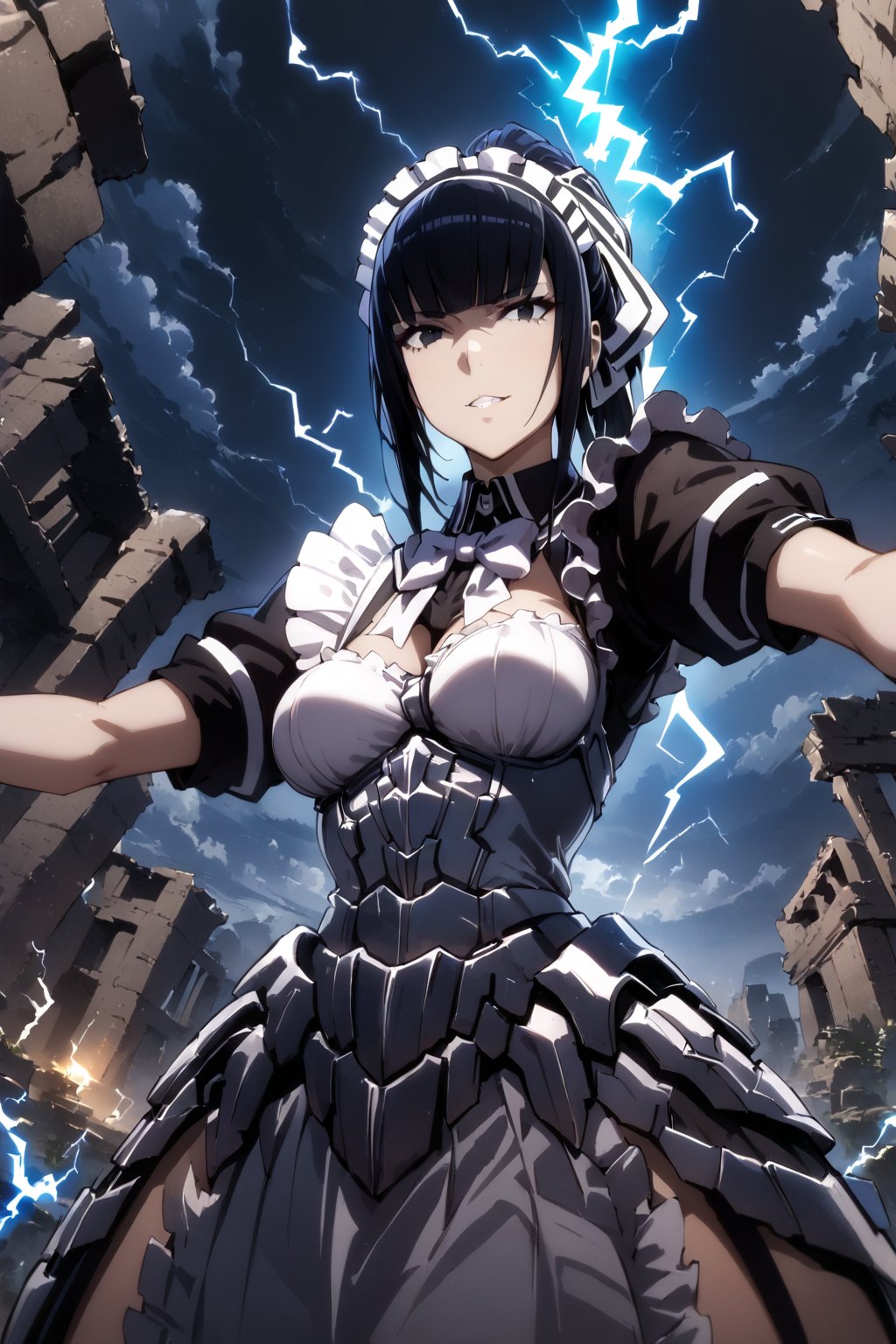 1girl, masterpiece, best quality, very aesthetic, absurdres,narberal gamma \(overlord\), black hair, evil grin, white maid headband, black eyes, slim body, spread arms, 
ribbon, bow, maid, apron, armored dress, gloves, magic chanting, (((lightning))), (((blue aura))), Ancient ruins, night, (floating in the air), sky, front view, from below, face, close up. 