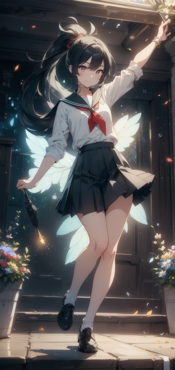 anime style beautiful woman, 1girl, (ponytail), black hair, (long hair), (smile), indoors, ((full body)), forest, Green, 
Slender, skinny, (turime), thick eyebrows, 
(school uniform), (sailor uniform), ((red sailor tie)), (white sailor blouse), 
vibrant colors, sharp focus, best quality, depth of field, cinematic lighting, (illustration, 8k CG, extremely detailed), ultra-detailed, high resolution, firefliesfireflies, perfect light, 
((stylish pose)), 8k, very clear, highest quality, high resolution. best quality, illustration, sax blue, 1girl, cute, (dynamic lighting:1.2), cinematic lighting, delicate facial features, detailed eyes, sharp pupils, realistic pupils, depth of field, bokeh, sharp focus, (hyper-detailed, bloom, glow:1.4), many small gems,Magic Forest