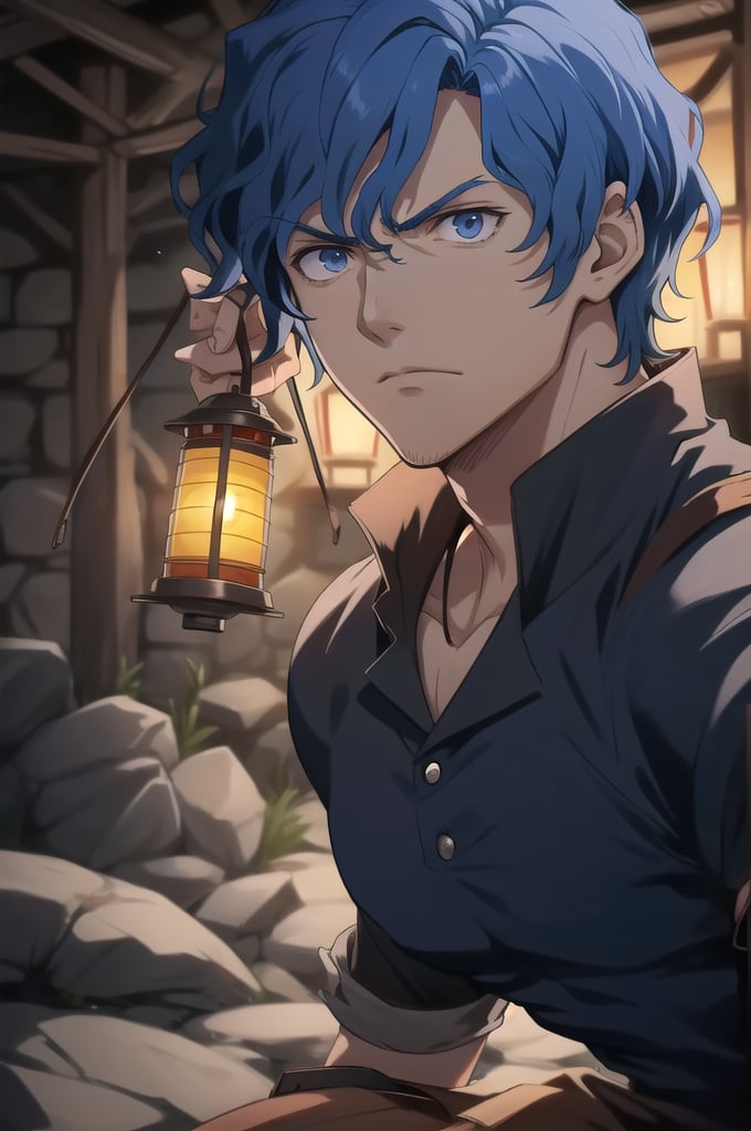 lantern, Brain Unglaus, Overlord, 1boy, solo, wavy hair, blue hair, 
masterpiece, best quality, ultra-detailed, glowing light, (detailed background, complex background:1.2), (perfect face, detailed face), full body, bar, saloon, serious face, 
