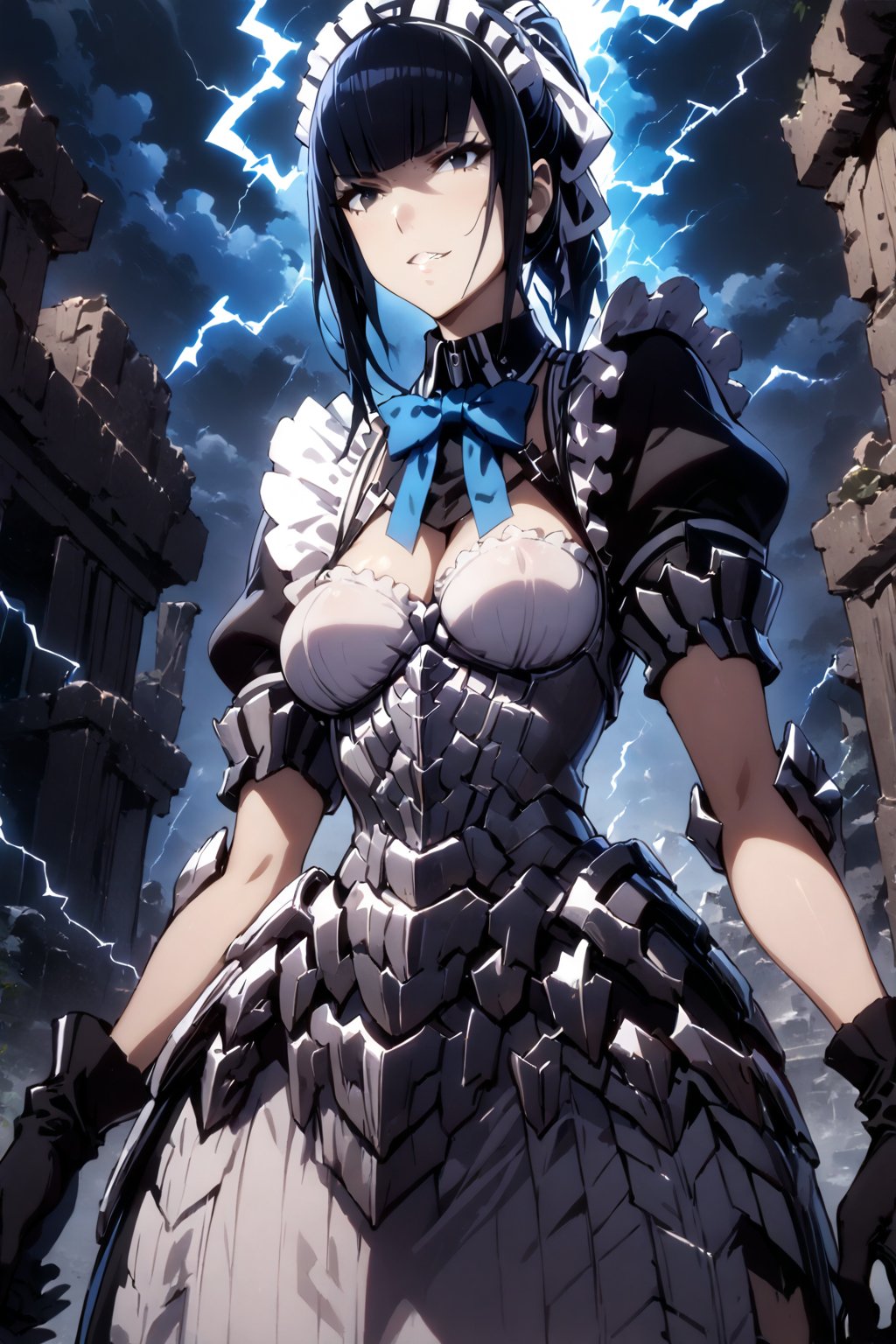 1girl, masterpiece, best quality, very aesthetic, absurdres,narberal gamma \(overlord\), black hair, evil grin, white maid headband, black eyes, slim body, spread arms, 
ribbon, bow, maid, apron, armored dress, gloves, magic chanting, (((lightning))), (((blue aura))), Ancient ruins, night, (floating in the air), sky, front view, from below, face, close up, front view, 