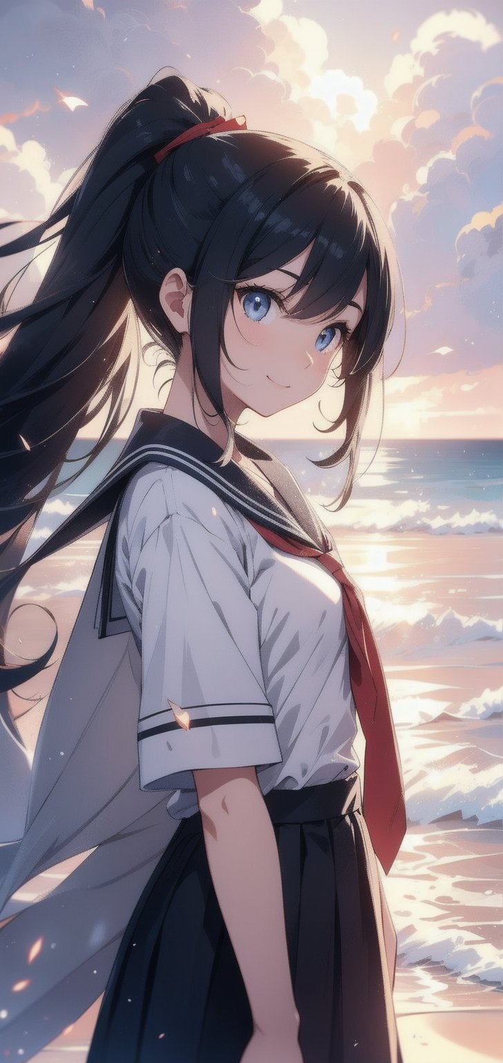 anime style beautiful woman, 1girl, (ponytail), black hair, (long hair), (smile), (beach), (A blanket of clouds stretching across the sky, diffusing sunlight and creating a soft, subdued atmosphere)),  
Slender, skinny, (turime), thick eyebrows, 
(school uniform), (sailor uniform), ((red sailor tie)), (white sailor blouse), 
vibrant colors, sharp focus, best quality, depth of field, cinematic lighting, (illustration, 8k CG, extremely detailed), ultra-detailed, high resolution, firefliesfireflies, perfect light, 
stylish pose, 8k, very clear, highest quality, high resolution. best quality, illustration, sax blue, 1girl, cute, (dynamic lighting:1.2), cinematic lighting, delicate facial features, detailed eyes, sharp pupils, realistic pupils, depth of field, bokeh, sharp focus, (hyper-detailed, bloom, glow:1.4), many small gems,Beautiful Beach,rain,niji,light