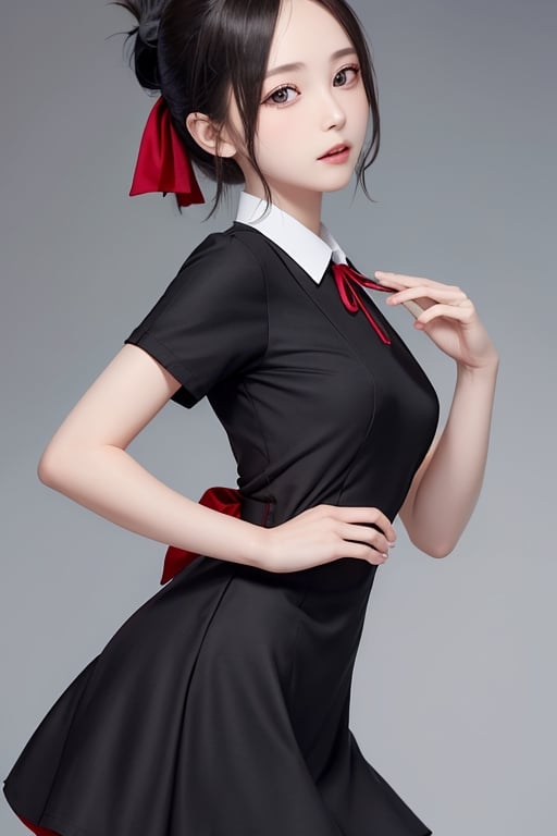 emotionless, beutiful woman, shinomiya kaguya, folded ponytail, forehead, hair ribbon, brown eyes, (red ribbon), ribbon, short hair, sidelocks, small breast ,black dress, dress, pinafore dress, school uniform, shirt, short sleeves, shuuchiin academy school uniform, white shirt, looking at viewer, best quality, high resolution, unity 8k wallpaper, illustration, beautiful detailed eyes, extremely detailed face, perfect lighting, extremely detailed CG, perfect hands, perfect anatomy,folded ponytail, high_school_girl, mai, 1girl, face , (torn clothes, see-through)